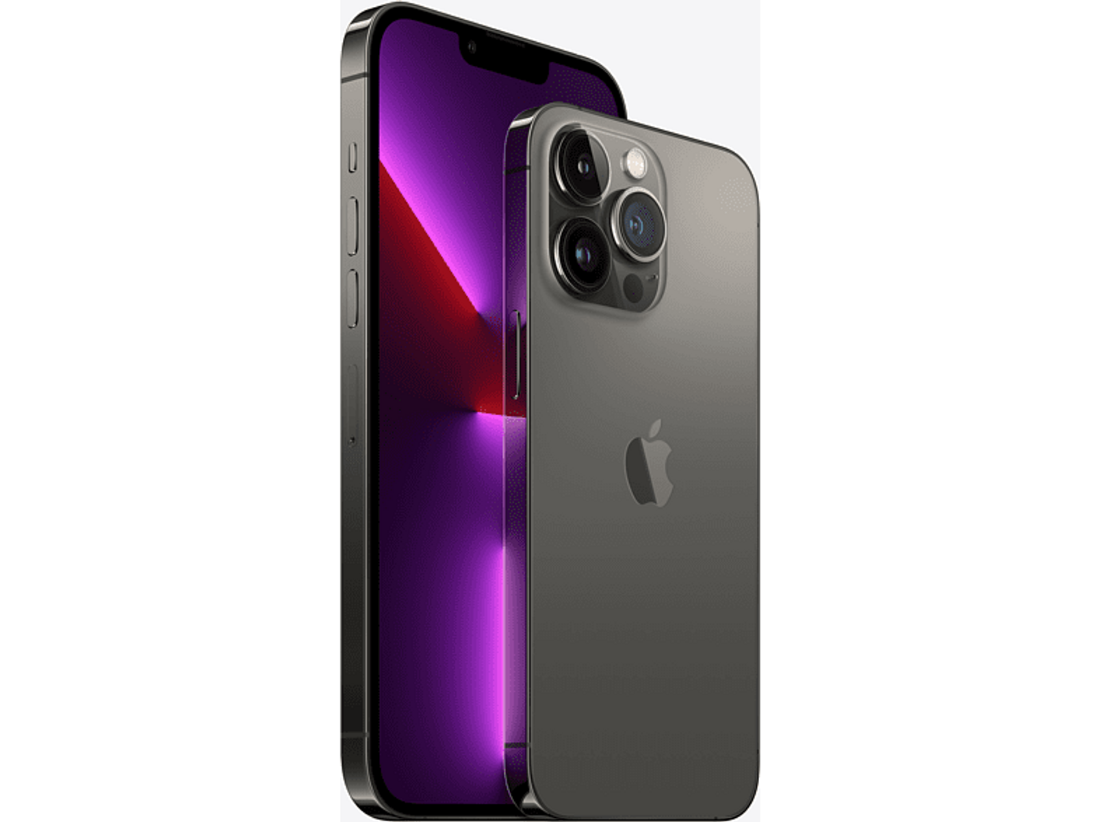 Dwa smartfony: jeden fioletowy, jeden szary. Oba to iPhone'y. Stoją obok siebie na czarnym tle.