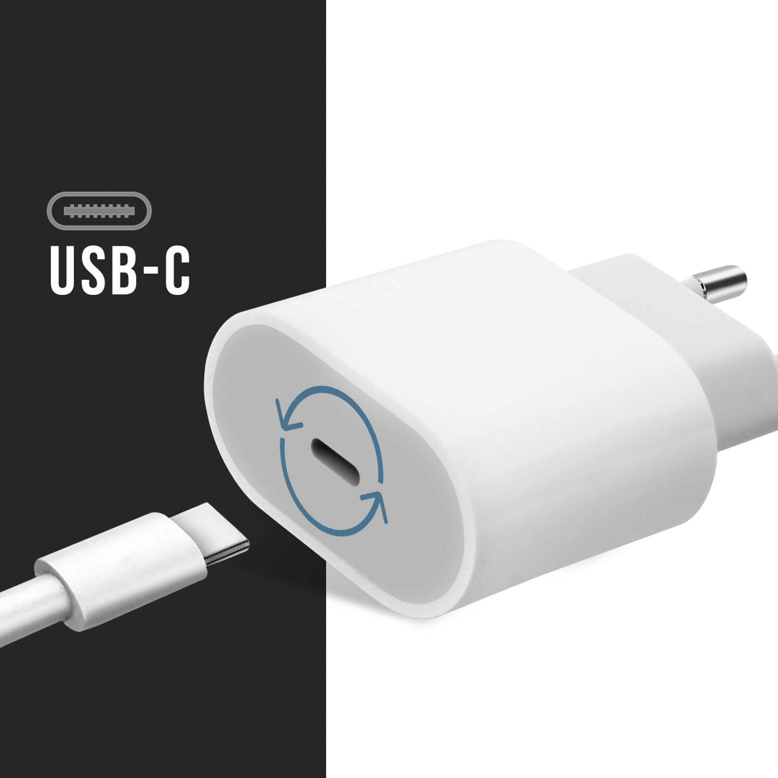 Biała ładowarka i kabel USB-C. Wyświetlane logo USB-C. Kabel podłączony do ładowarki.