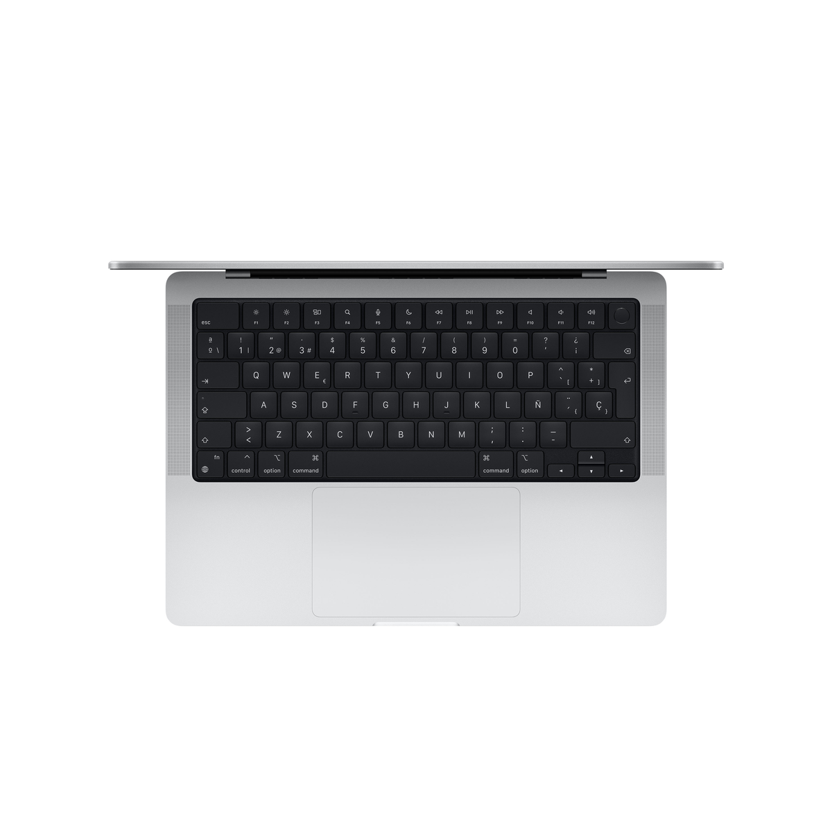 Laptop-Tastatur von oben. Silberner Rahmen, schwarze Tasten. Modernes Design, Nahaufnahme.