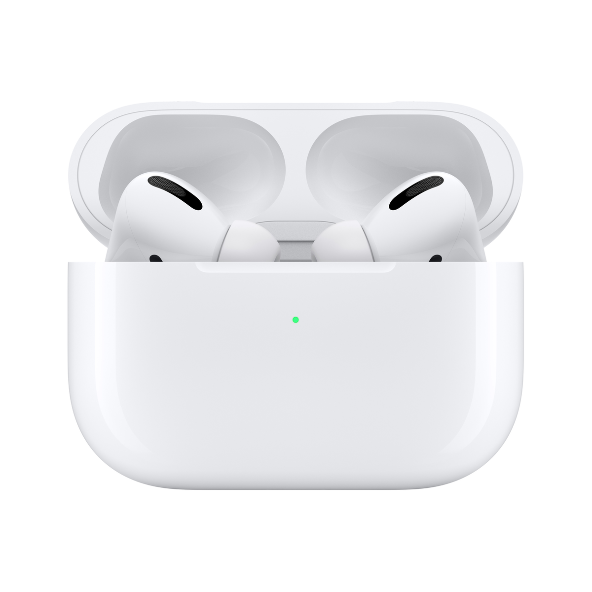 Białe etui Apple AirPods Pro ze słuchawkami w środku, świeci się zielone światło.