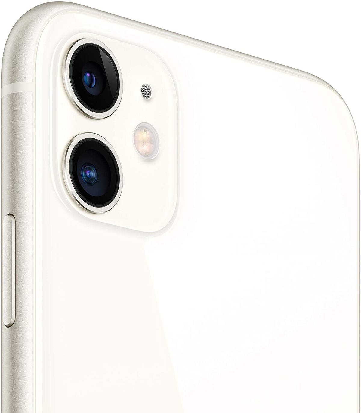 Primo piano di un iPhone 11 bianco con doppia fotocamera.