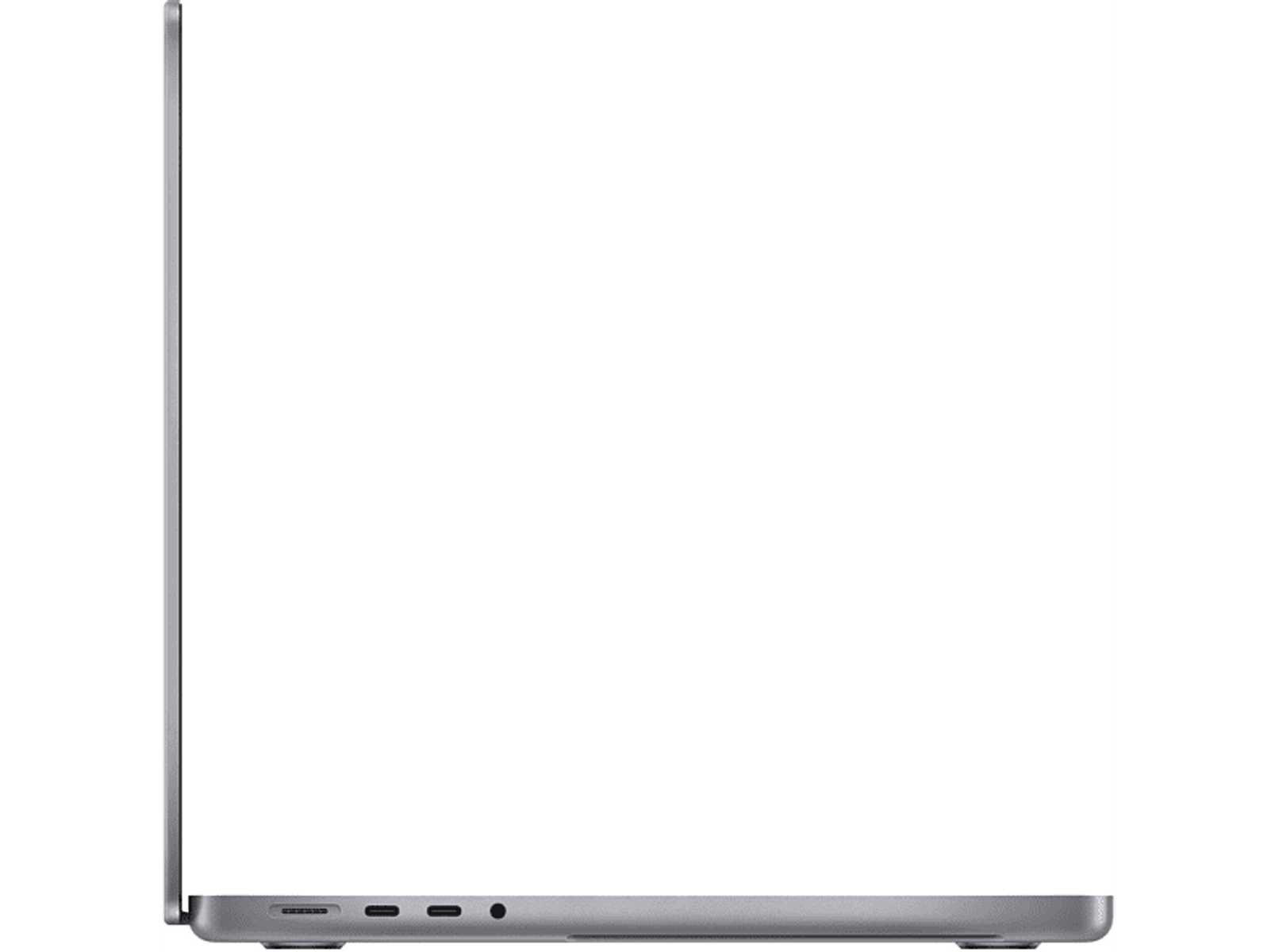 Una vista laterale di un laptop con scocca argentata. Lo schermo è bianco con un bordo nero.