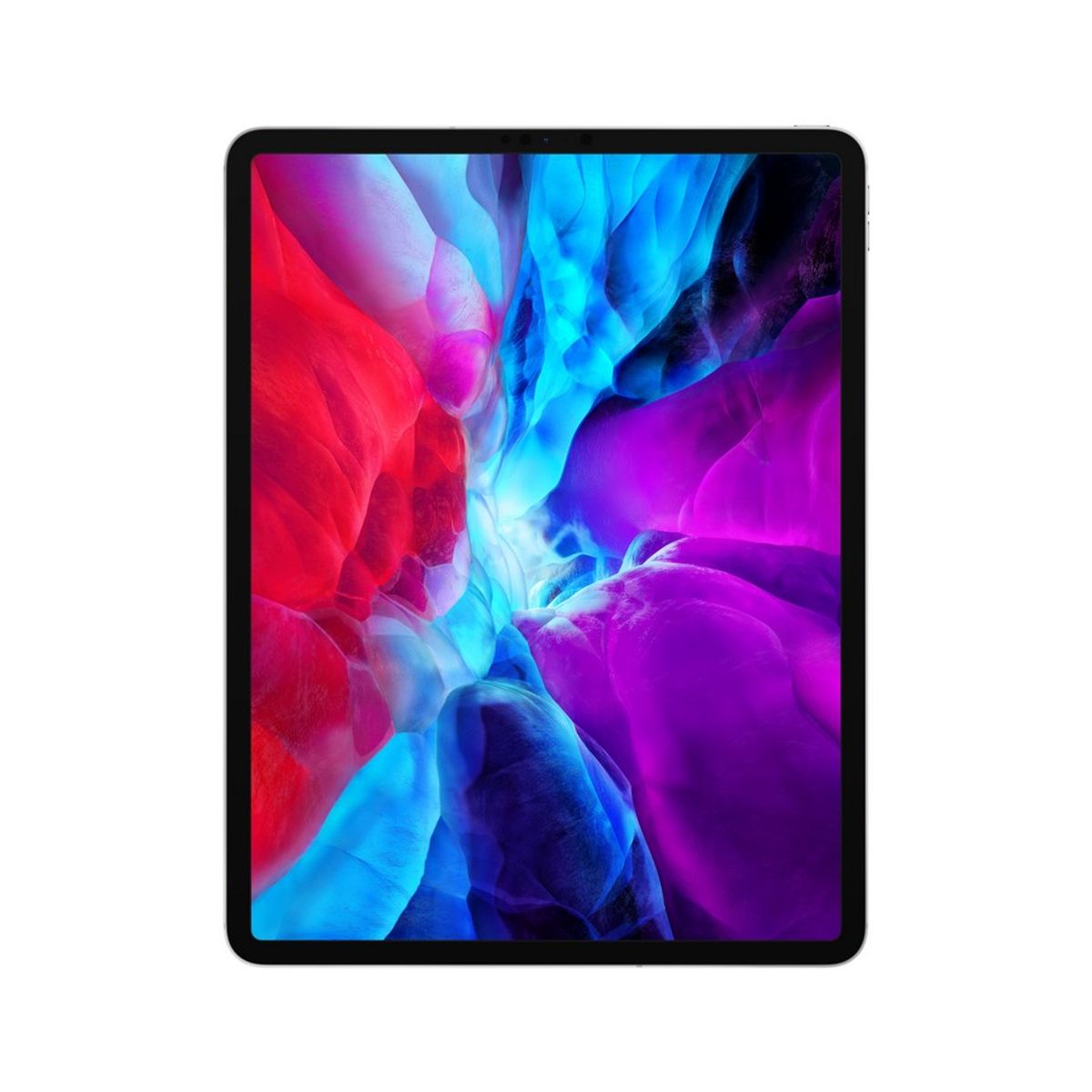 Un iPad con uno sfondo astratto colorato. I colori sono rosso, blu e viola.