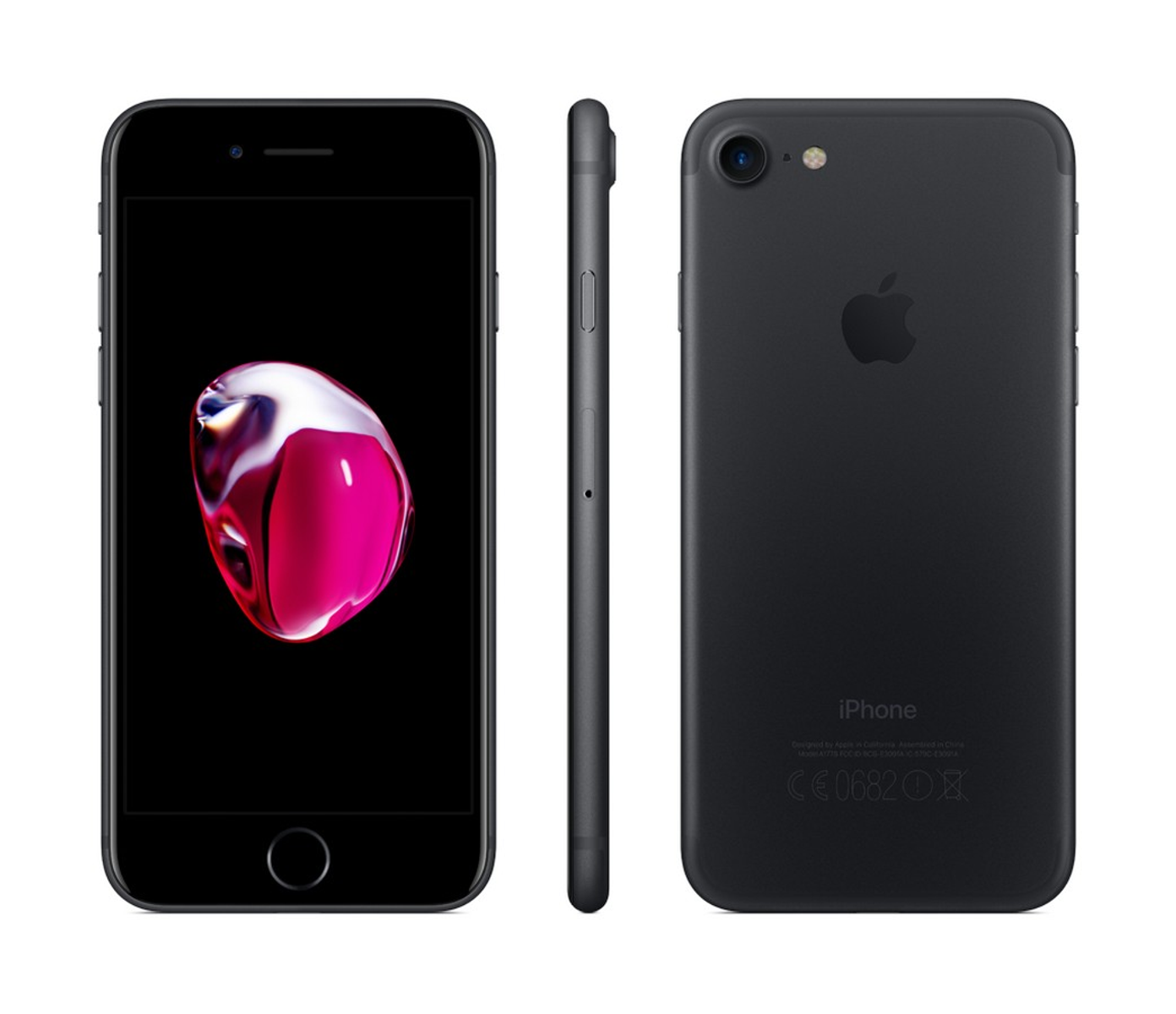 iPhone nero, tre viste. Davanti, lato e retro. Logo Apple sul retro, schermo nero.