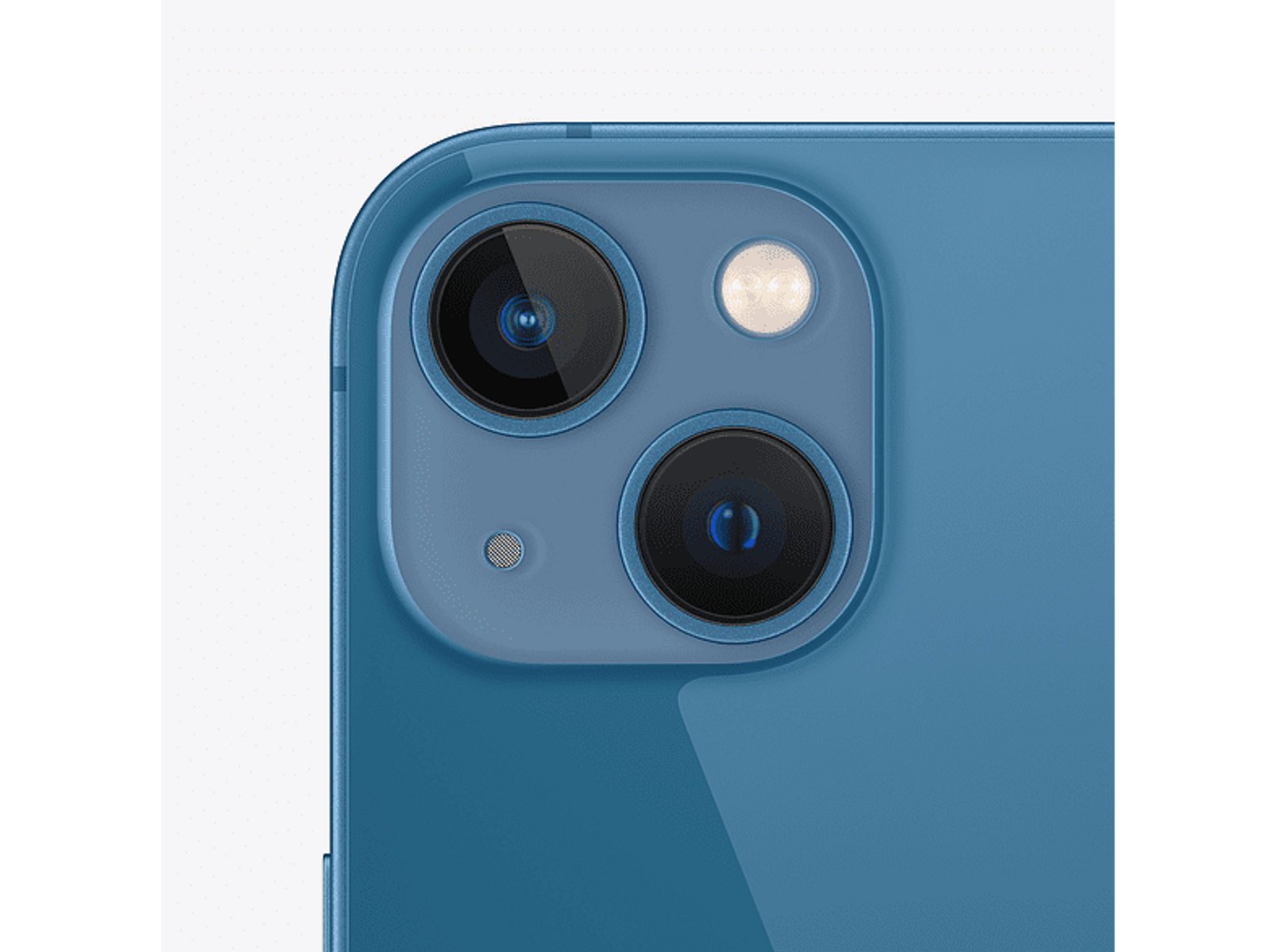 Primer plano de la parte trasera de un iPhone azul. Tiene dos cámaras y un flash.
