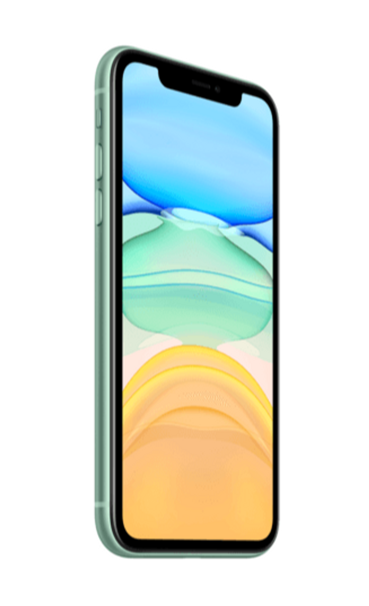 Zielony iPhone, widok pod kątem. Ekran wyświetla kolorowy, abstrakcyjny obraz.