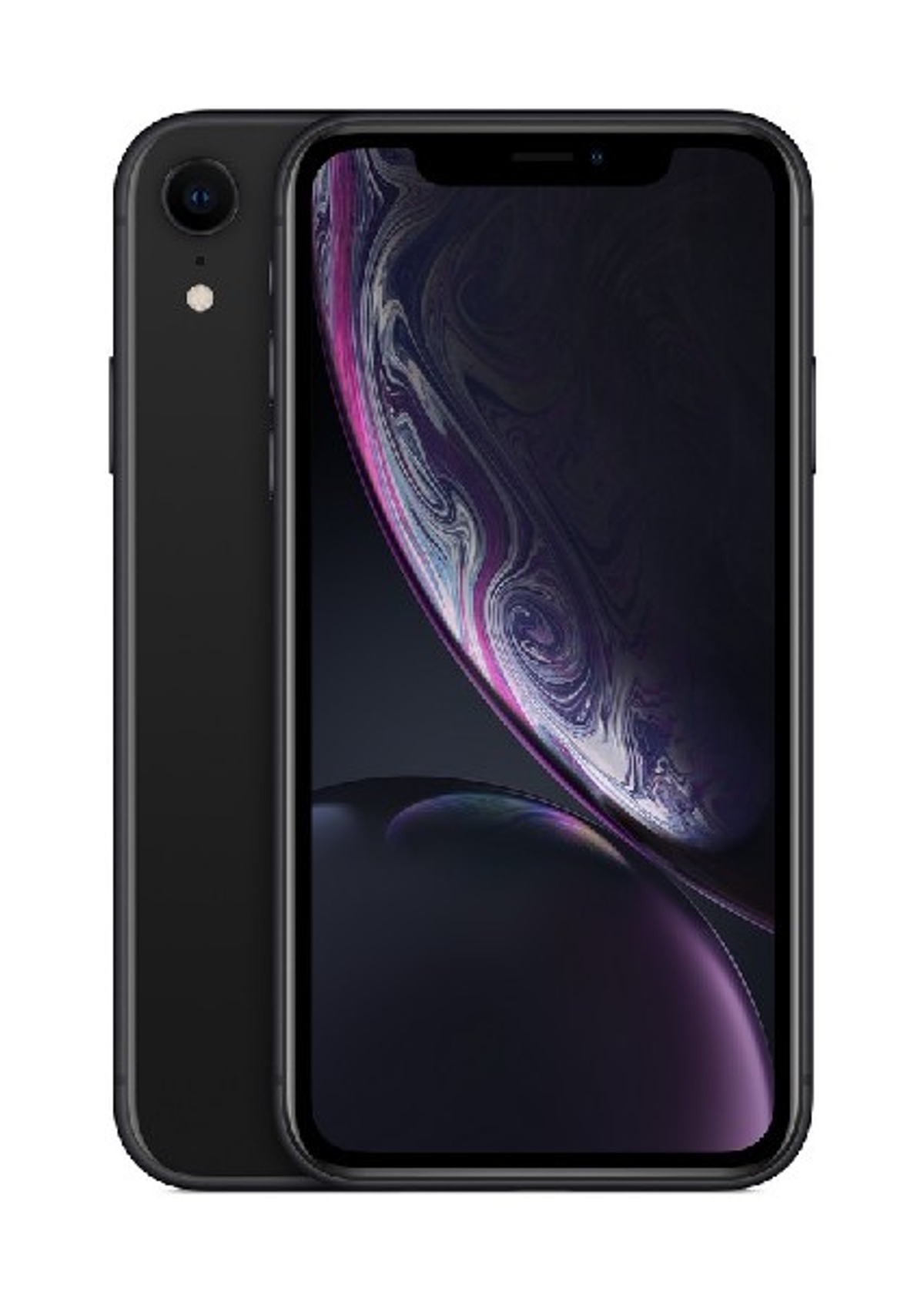 Un iPhone XR negro, mostrando la parte trasera y la pantalla.