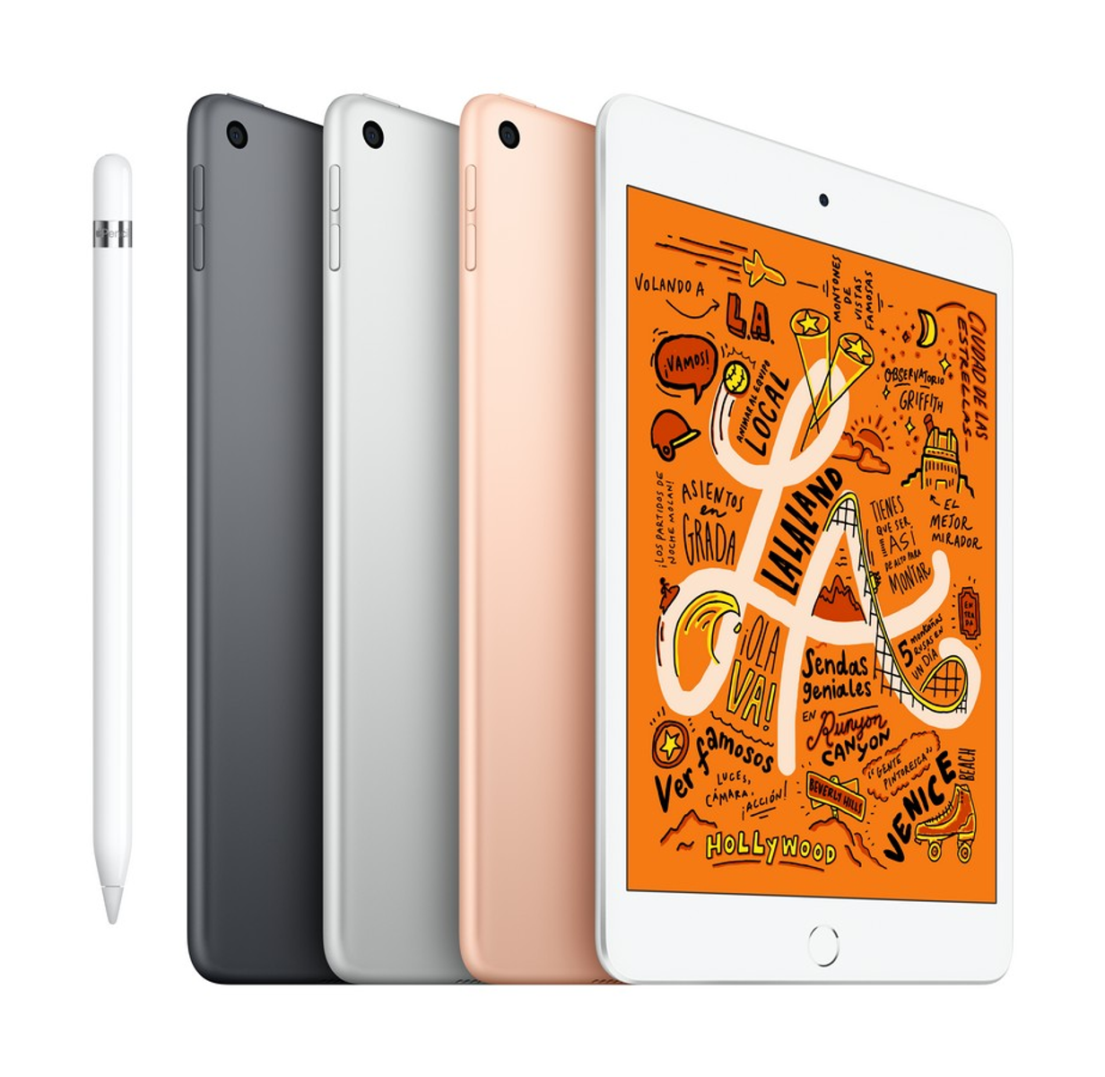 Quattro iPad e uno stilo. Gli iPad sono grigi, argentati, rosa e bianchi. Lo schermo mostra del testo.