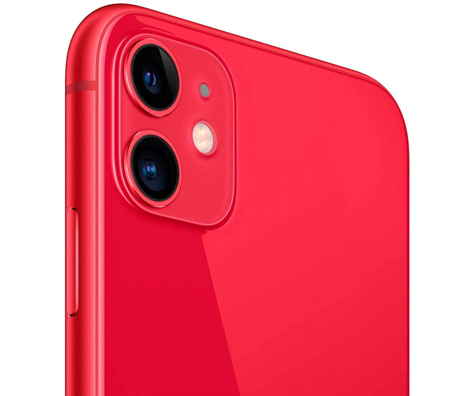 Primer plano de un smartphone rojo con dos cámaras y un flash, sobre un fondo blanco.