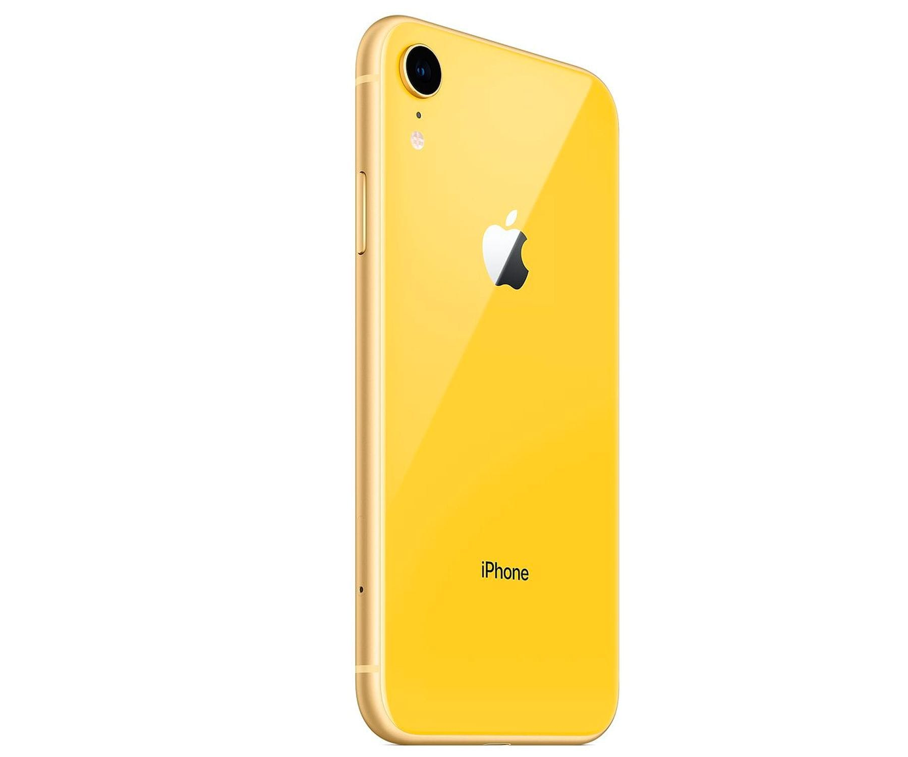 Żółty iPhone z pojedynczym obiektywem aparatu, logo Apple i słowem iPhone.