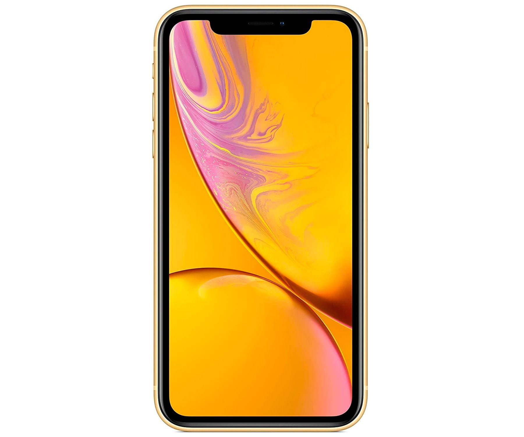 Złoty iPhone XR z żółtym ekranem, wyświetlającym abstrakcyjny żółto-różowy wzór.