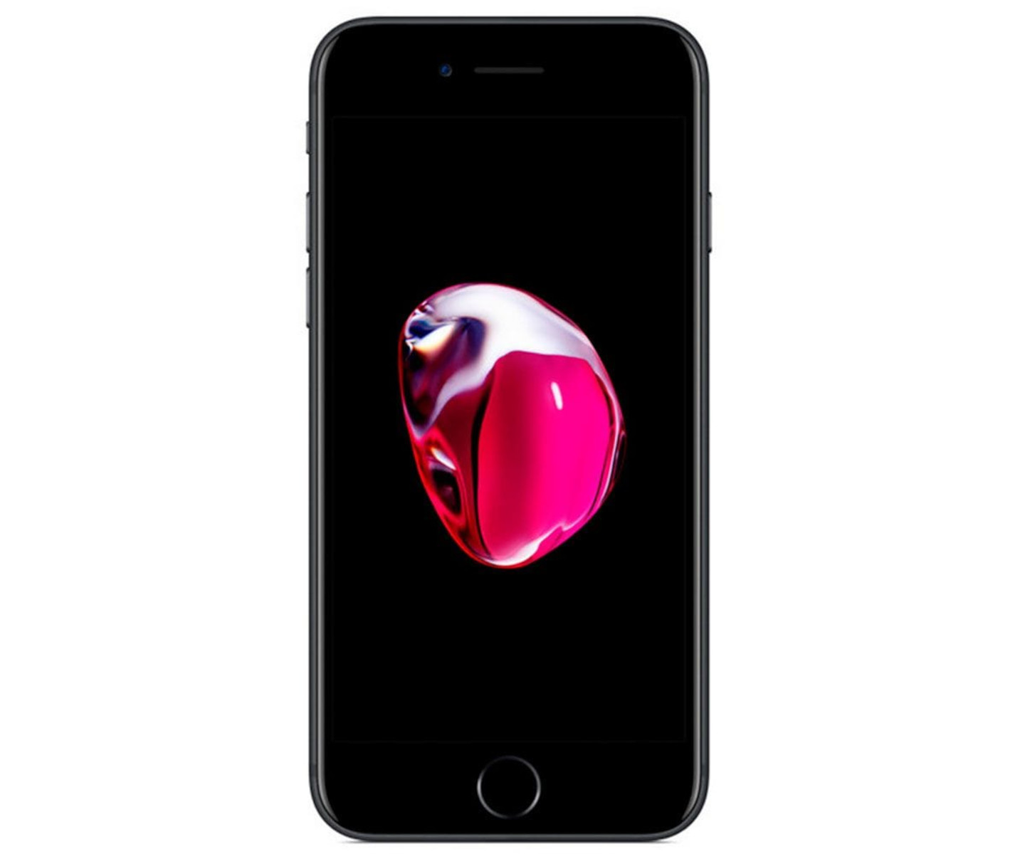 Un iPhone 7 nero con un design astratto rosa e bianco sullo schermo.