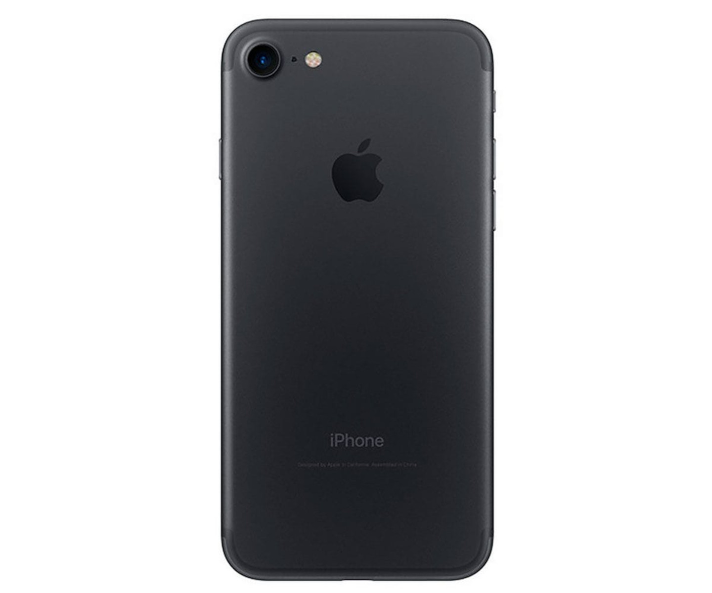 iPhone nero. Vista posteriore. Logo Apple e testo iPhone visibili. Lente della fotocamera in alto.