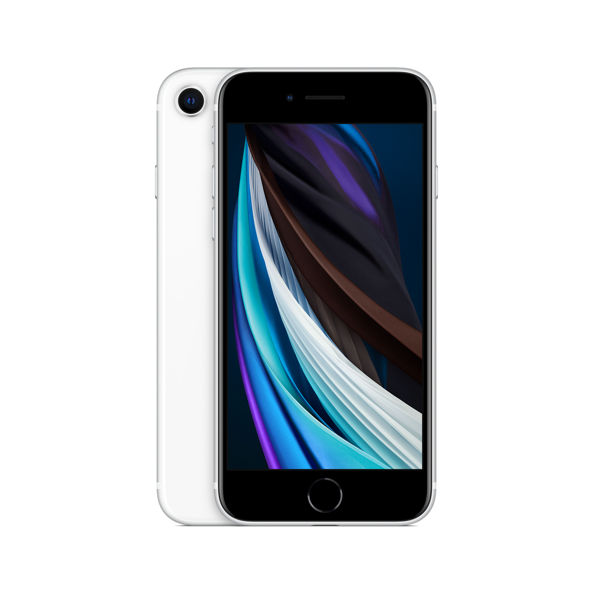 Biały iPhone SE z czarnym ekranem, białym tyłem i pojedynczym obiektywem aparatu.