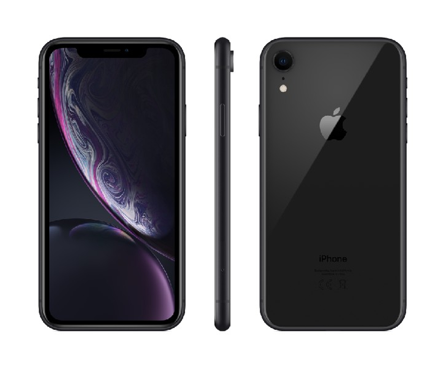 iPhone XR negro en tres vistas. Muestra vistas frontal, lateral y trasera.
