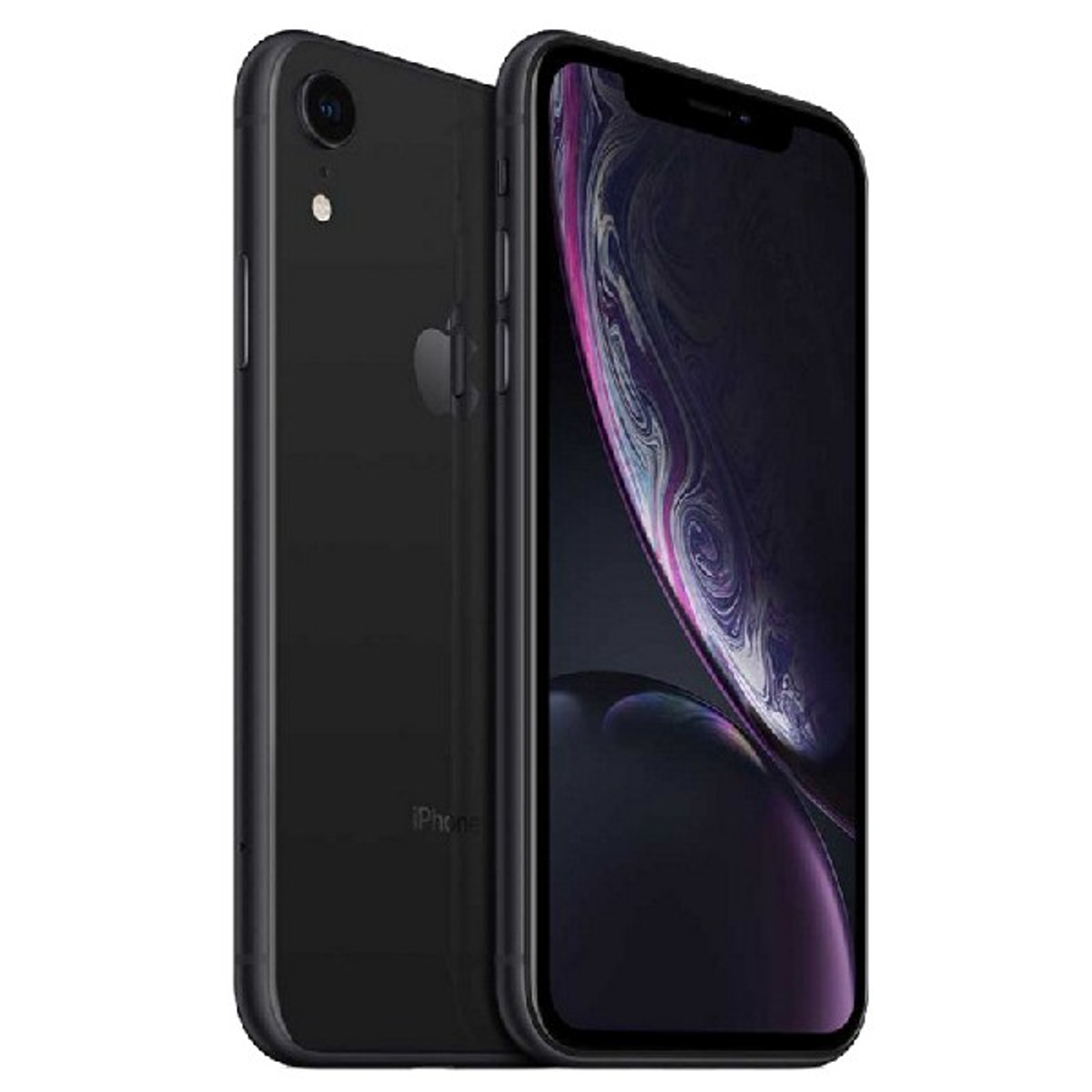 iPhone XR negro, dos ángulos, mostrando la parte trasera y la pantalla. Negro sobre negro.