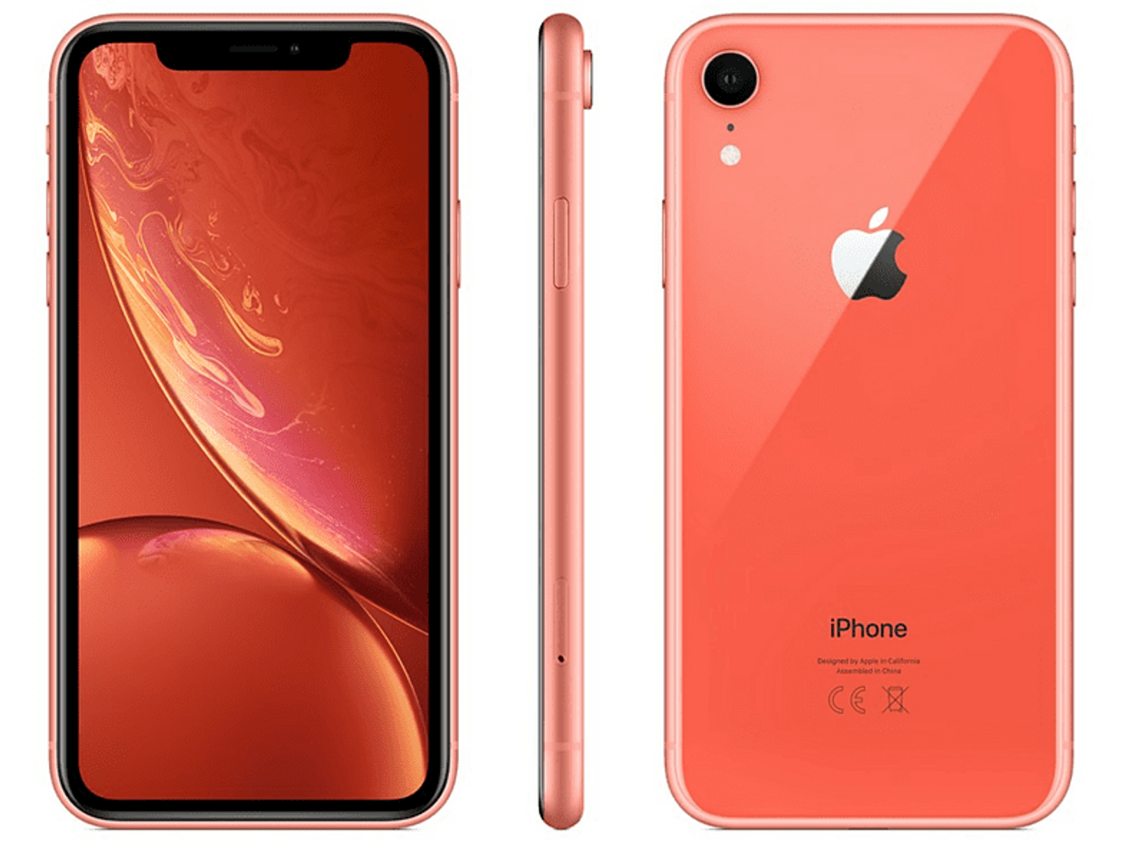 Tres vistas de un iPhone naranja: frontal, lateral y trasero. La parte trasera tiene el logotipo de Apple.
