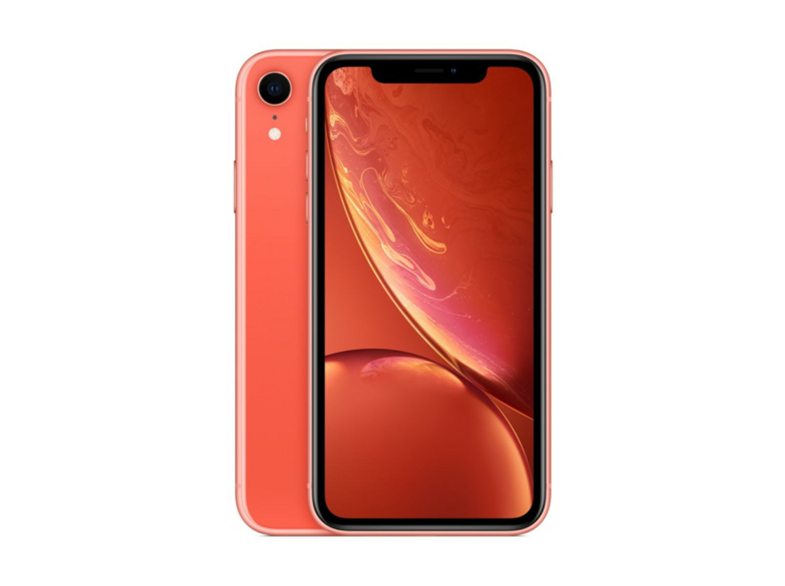 iPhone naranja con parte trasera y frontal naranjas. Fondo negro.