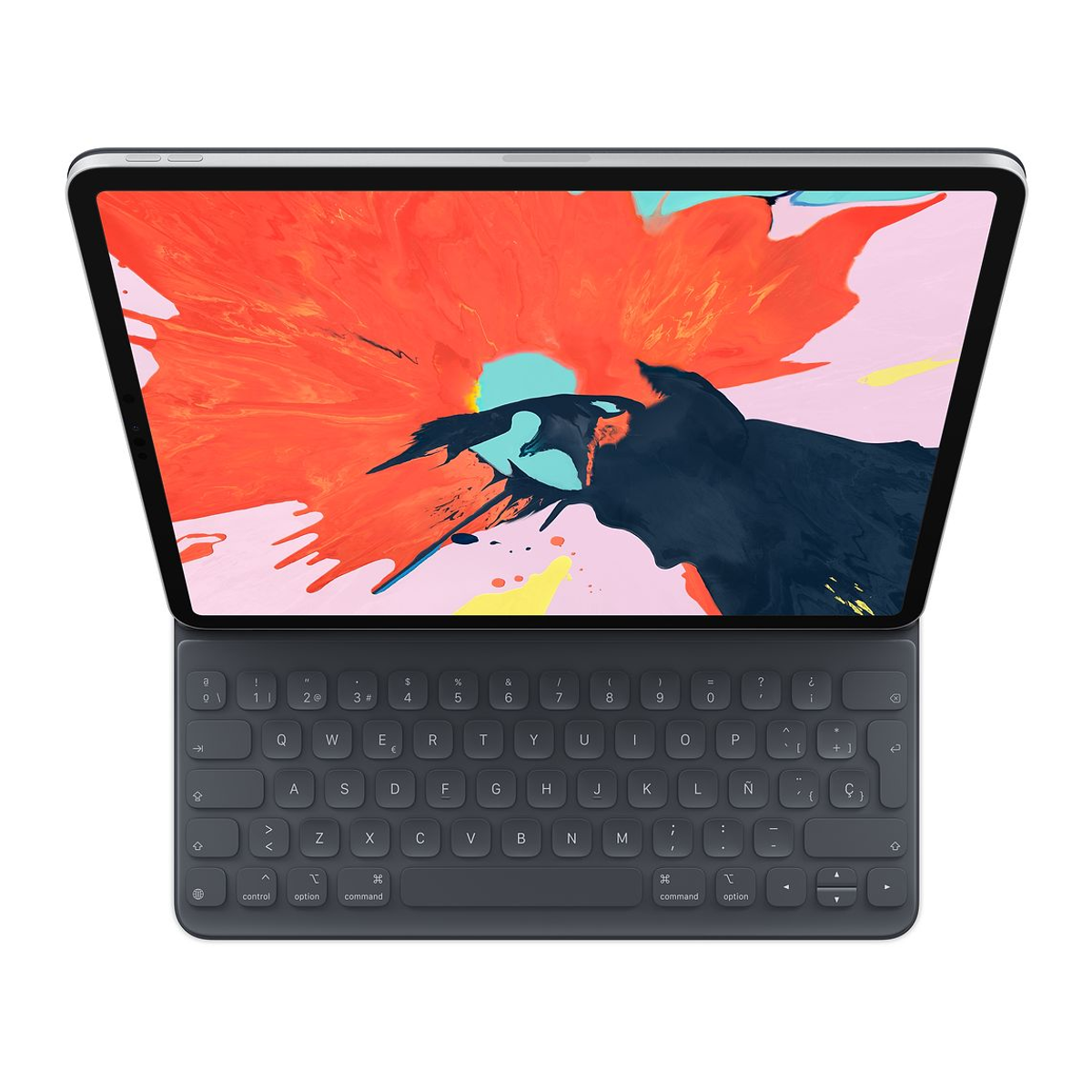 iPad Pro con teclado, mostrando pantalla y teclado. Fondo blanco.