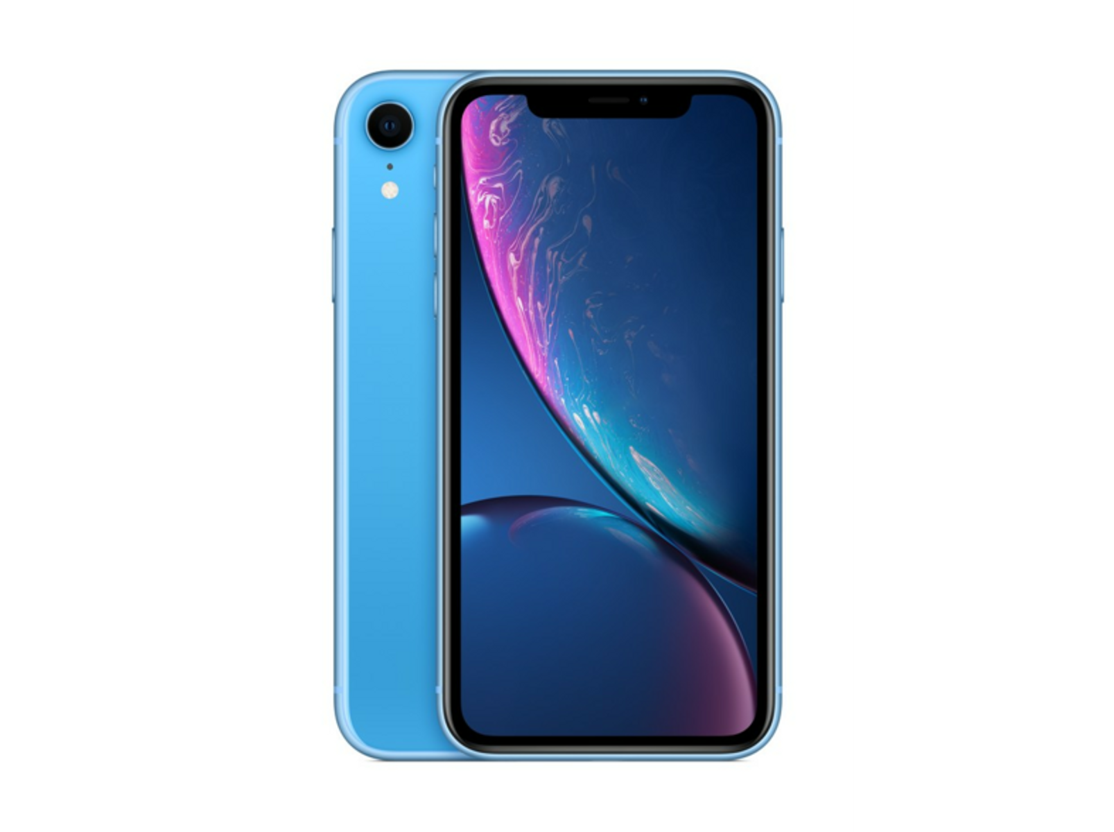 iPhone XR azzurro, vista posteriore e anteriore, su sfondo nero. Lo schermo mostra uno sfondo astratto colorato.