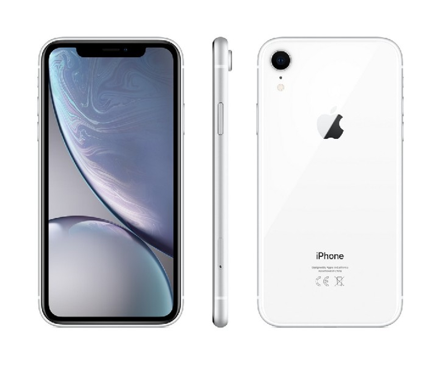 Tres vistas de un iPhone XR blanco: frontal, lateral y trasera. La parte trasera tiene un logo de Apple.