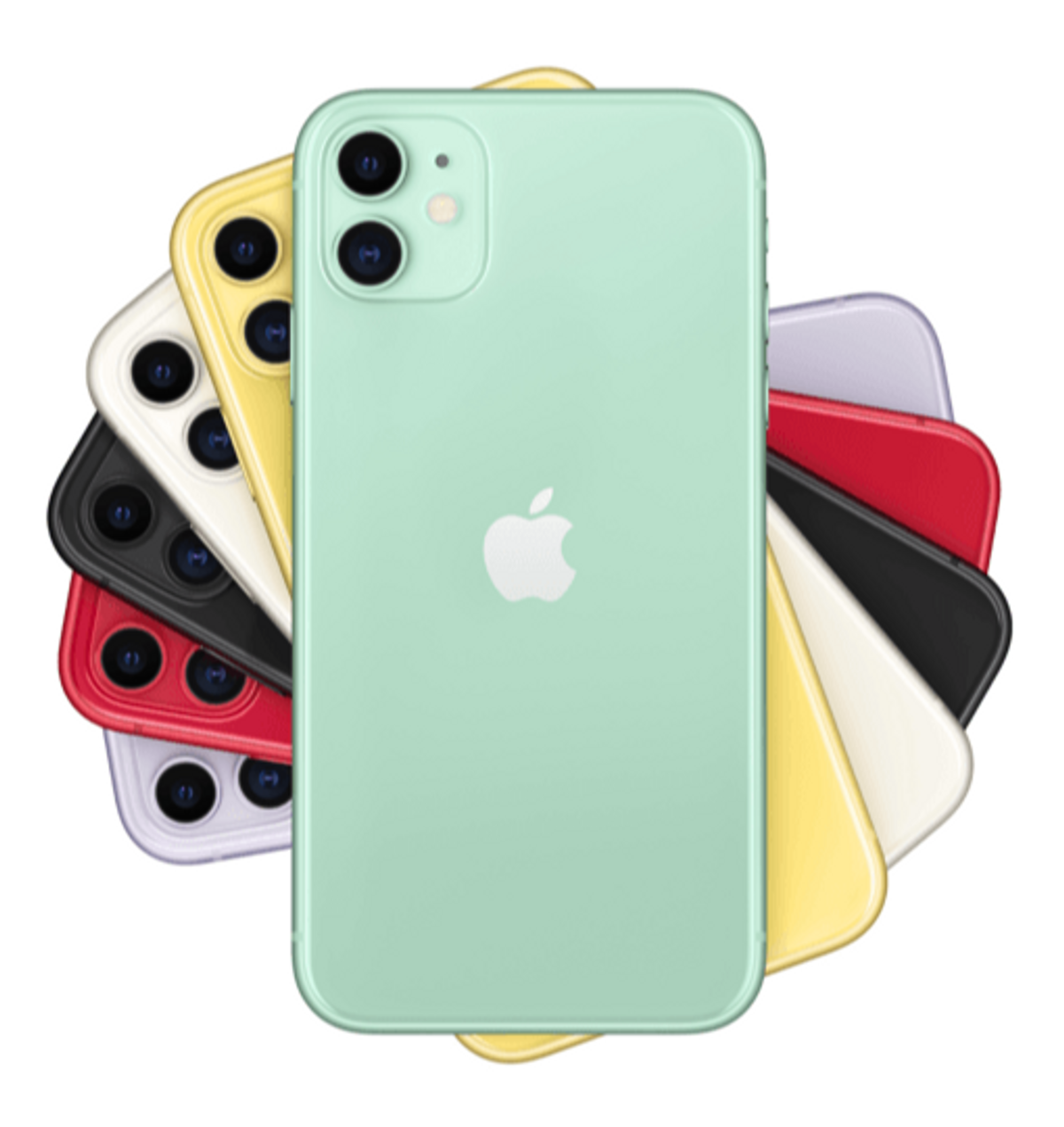 Vari colori di iPhone, i retro sono visibili. I telefoni sono angolati, con quello verde davanti.