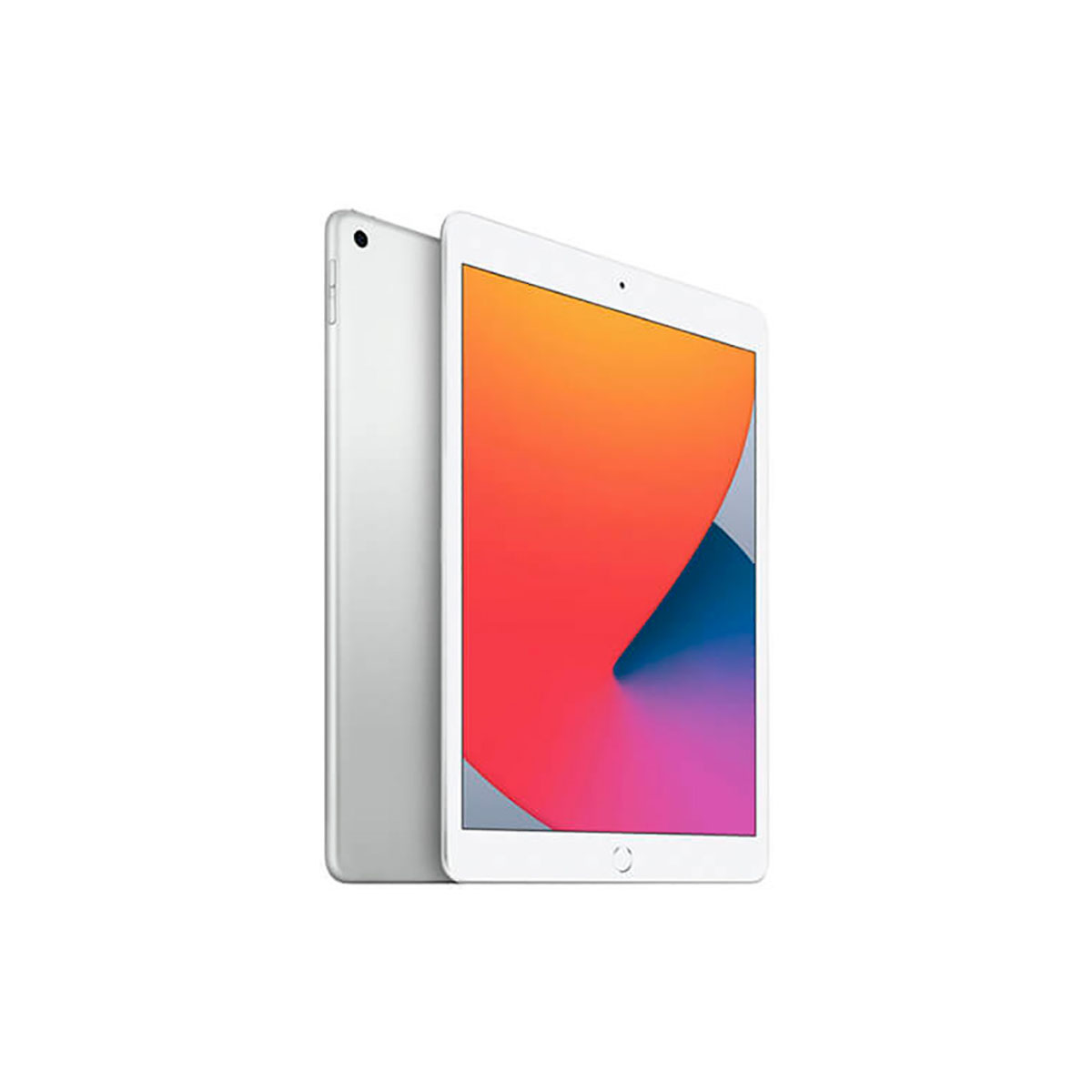 Witte iPad. Vooraanzicht met een kleurrijke abstracte achtergrond, met witte randen en een zilveren achterkant.