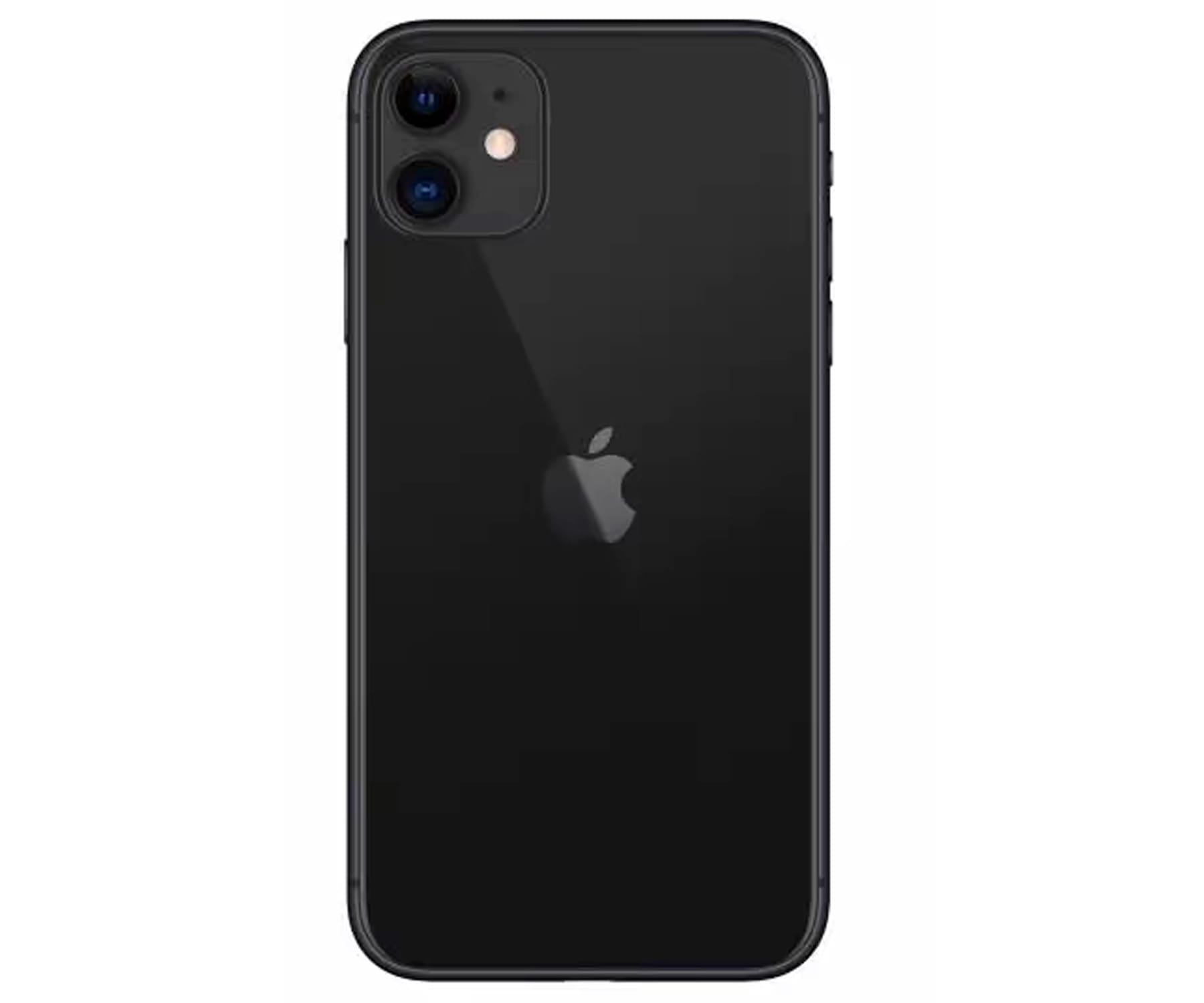 La parte trasera de un iPhone 11 negro, con el logotipo de Apple y dos lentes de cámara.