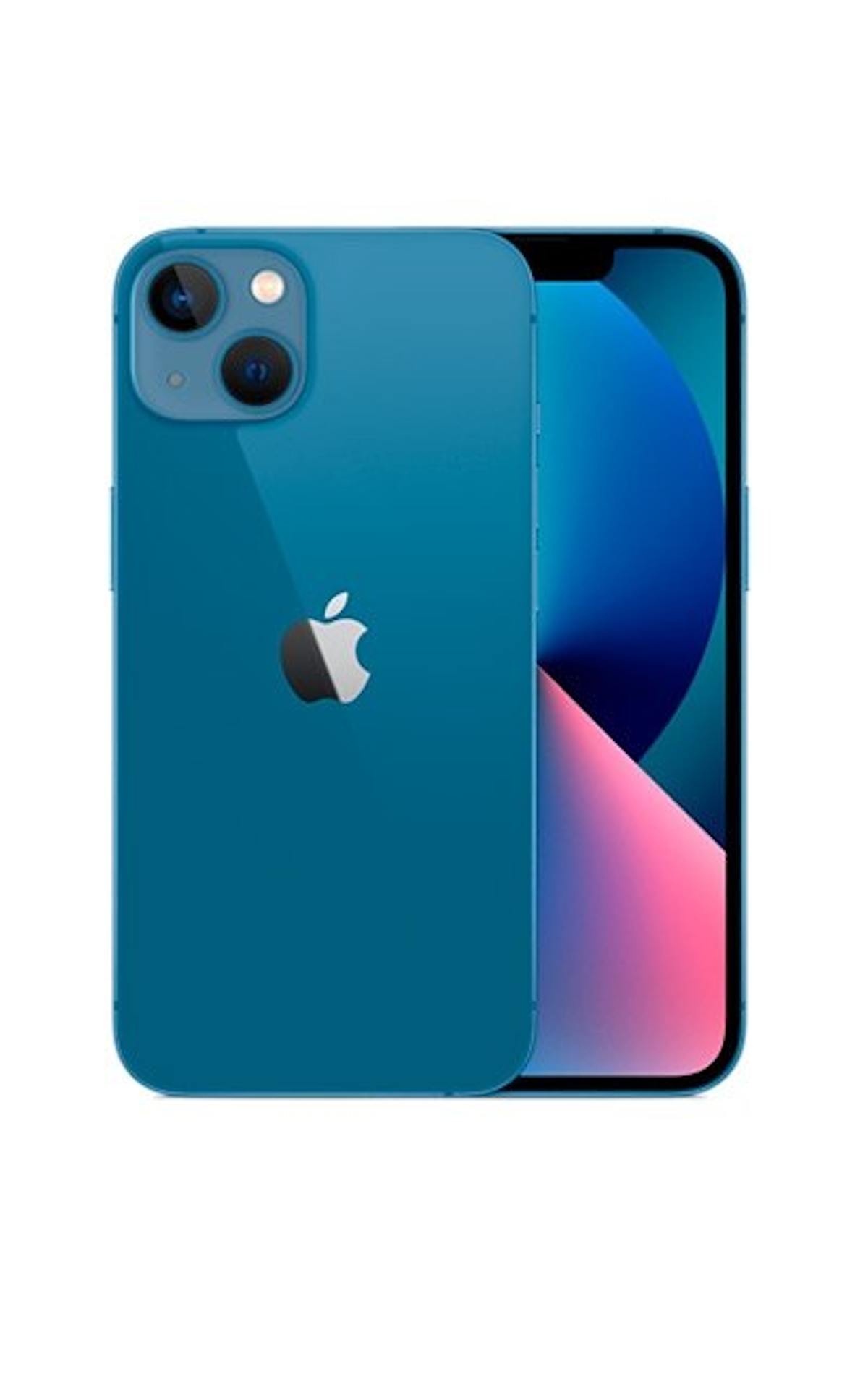 Niebieski iPhone 13. Tył ma dwa aparaty i logo Apple. Ekran pokazuje niebiesko-różowy gradient.