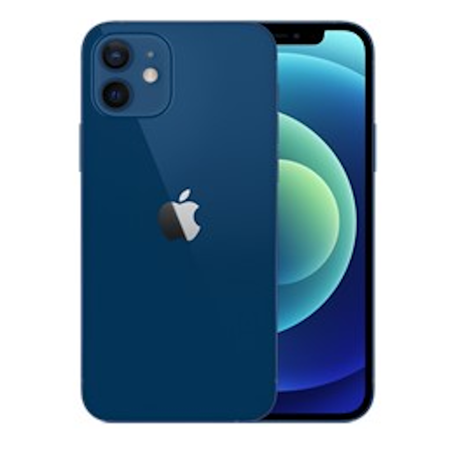 Niebieski iPhone 12, pokazujący tył z logo Apple i aparatami oraz ekran z gradientem.