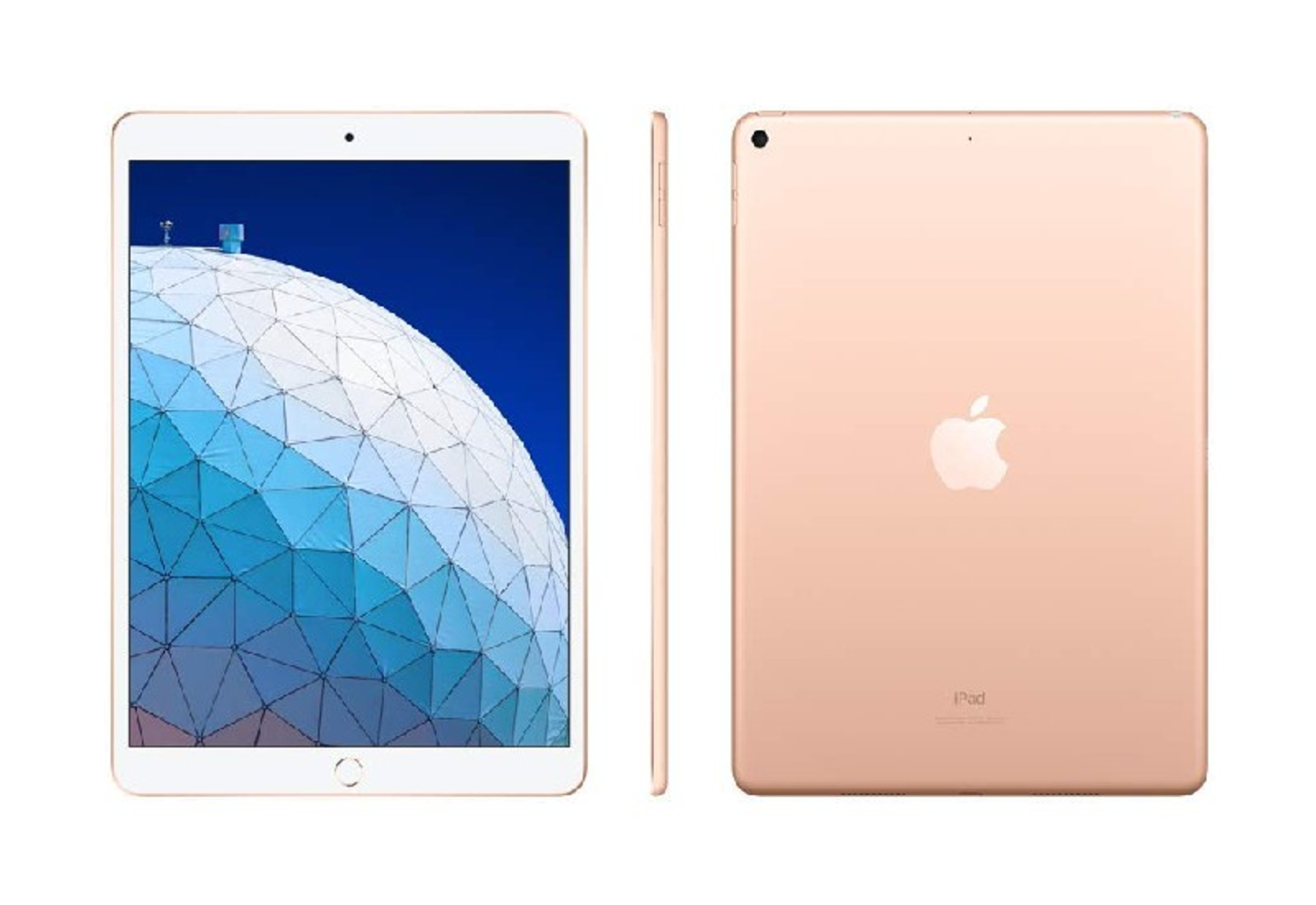 iPad Air, Vorder-, Seiten- und Rückseite. Der Bildschirm zeigt ein blaues und weißes geometrisches Muster.