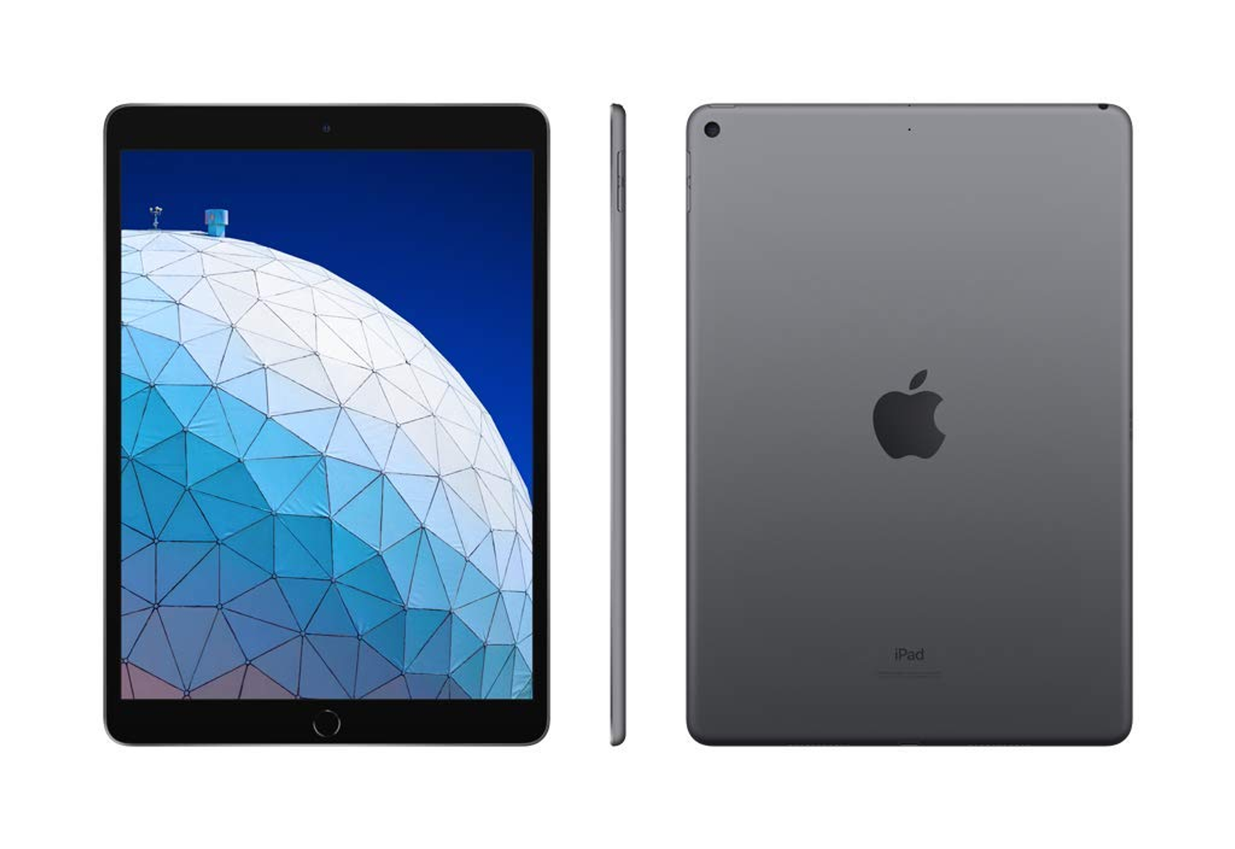 Drie aanzichten van een iPad Air. Voor, zijkant en achterkant. Het apparaat is grijs met een zwart scherm.