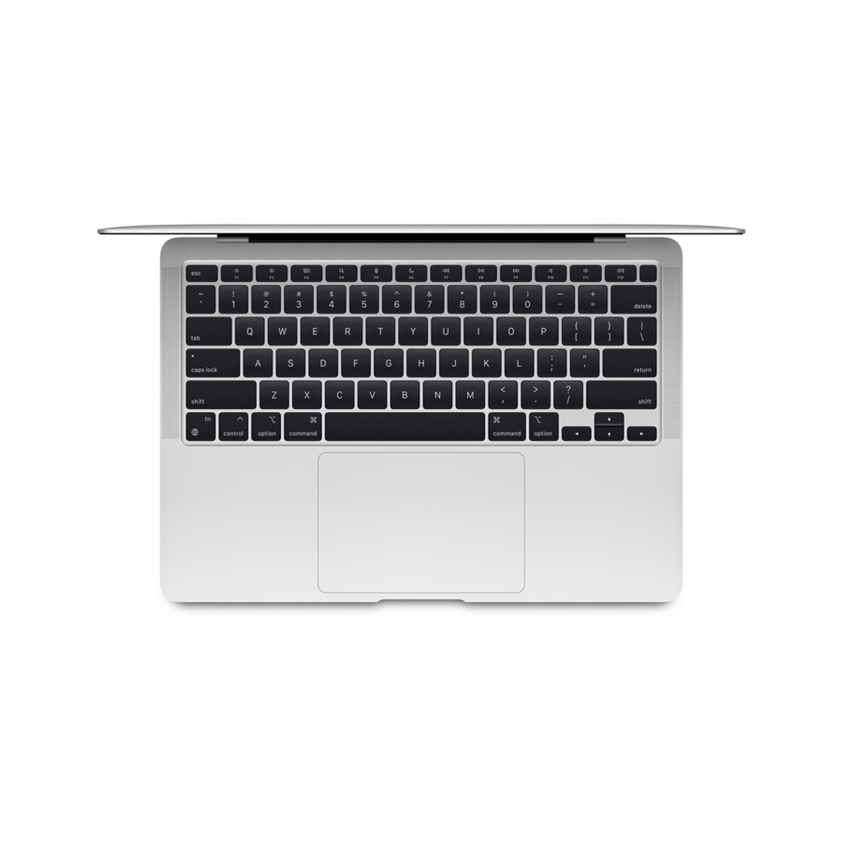 Die Tastatur eines geöffneten MacBook, Draufsicht, mit silbernem Rahmen und schwarzen Tasten.