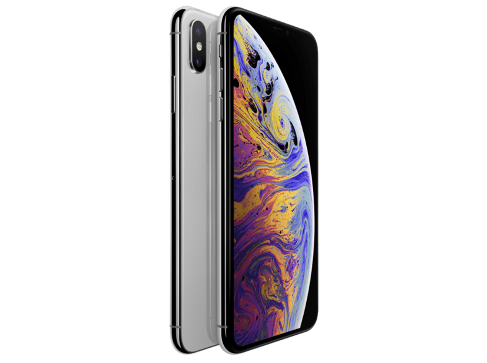 Srebrny iPhone XS z widocznym tyłem i ekranem. Ekran wyświetla kolorowy obraz.