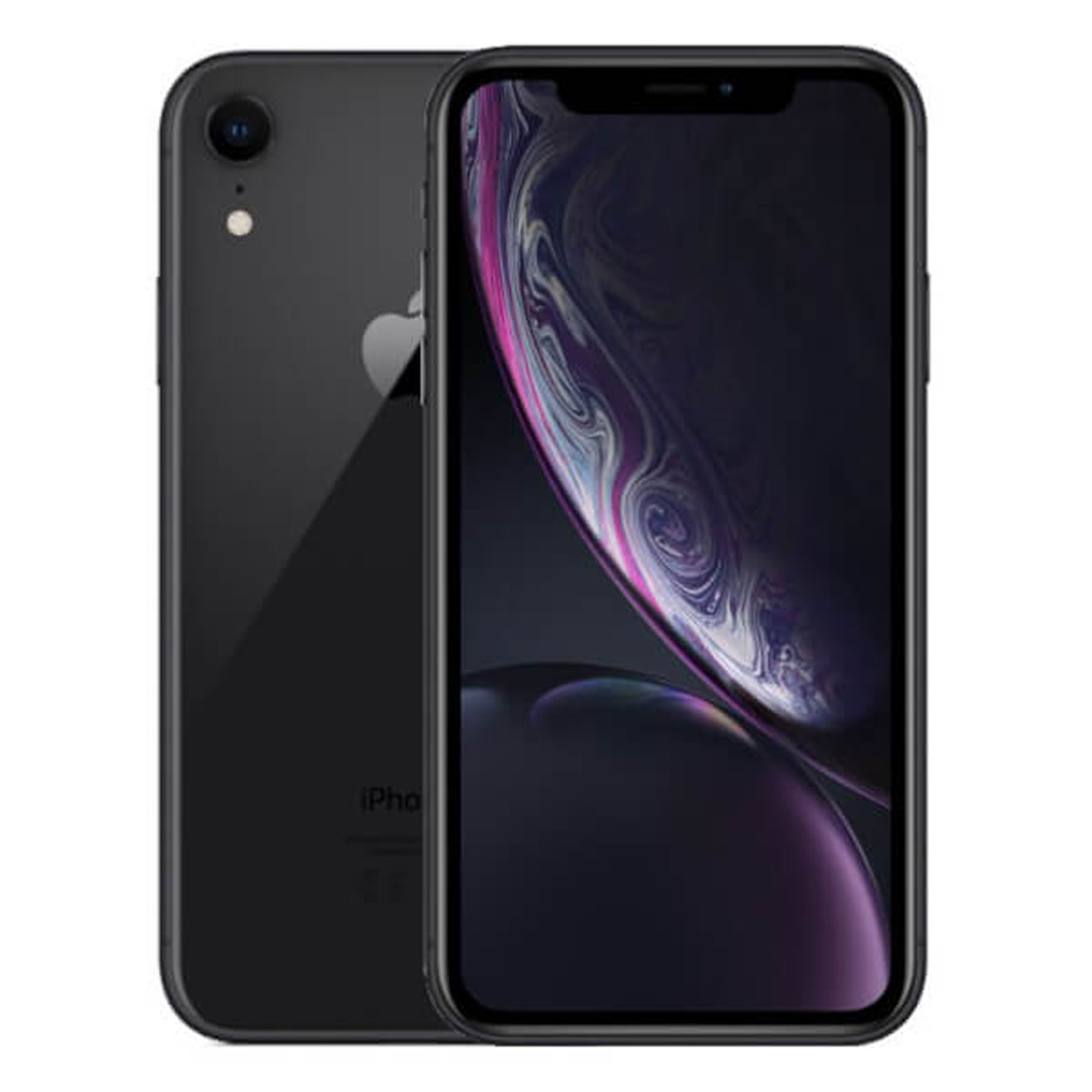 Zwarte iPhone XR, van voor en achter. Het scherm toont een wervelende, kleurrijke achtergrond.