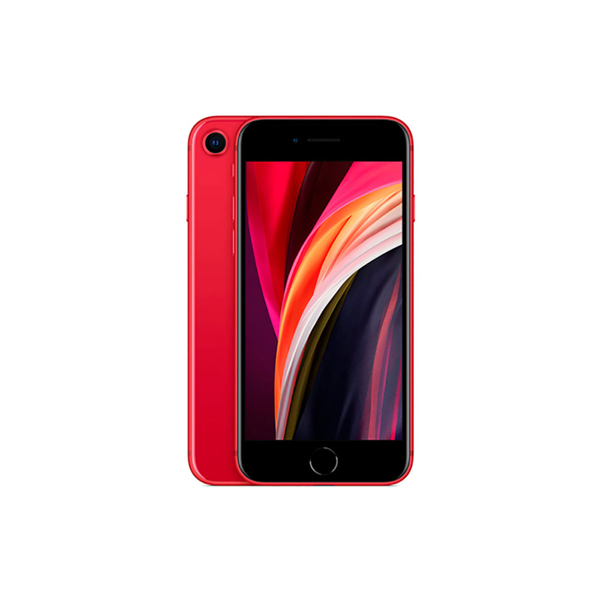 Un iPhone rojo con la cámara en la parte trasera. Está sobre un fondo blanco.