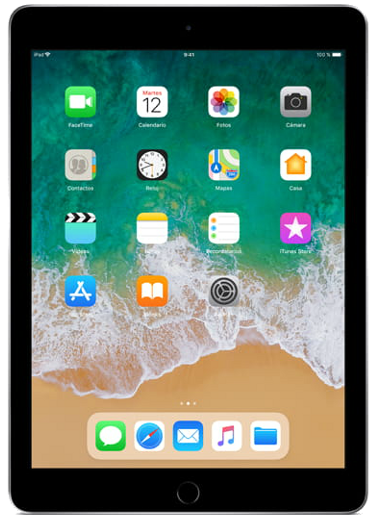 Ein schwarzes iPad, das einen App-Bildschirm mit Symbolen anzeigt. Eine Strandszene ist im Hintergrund. Apple-Logo sichtbar.