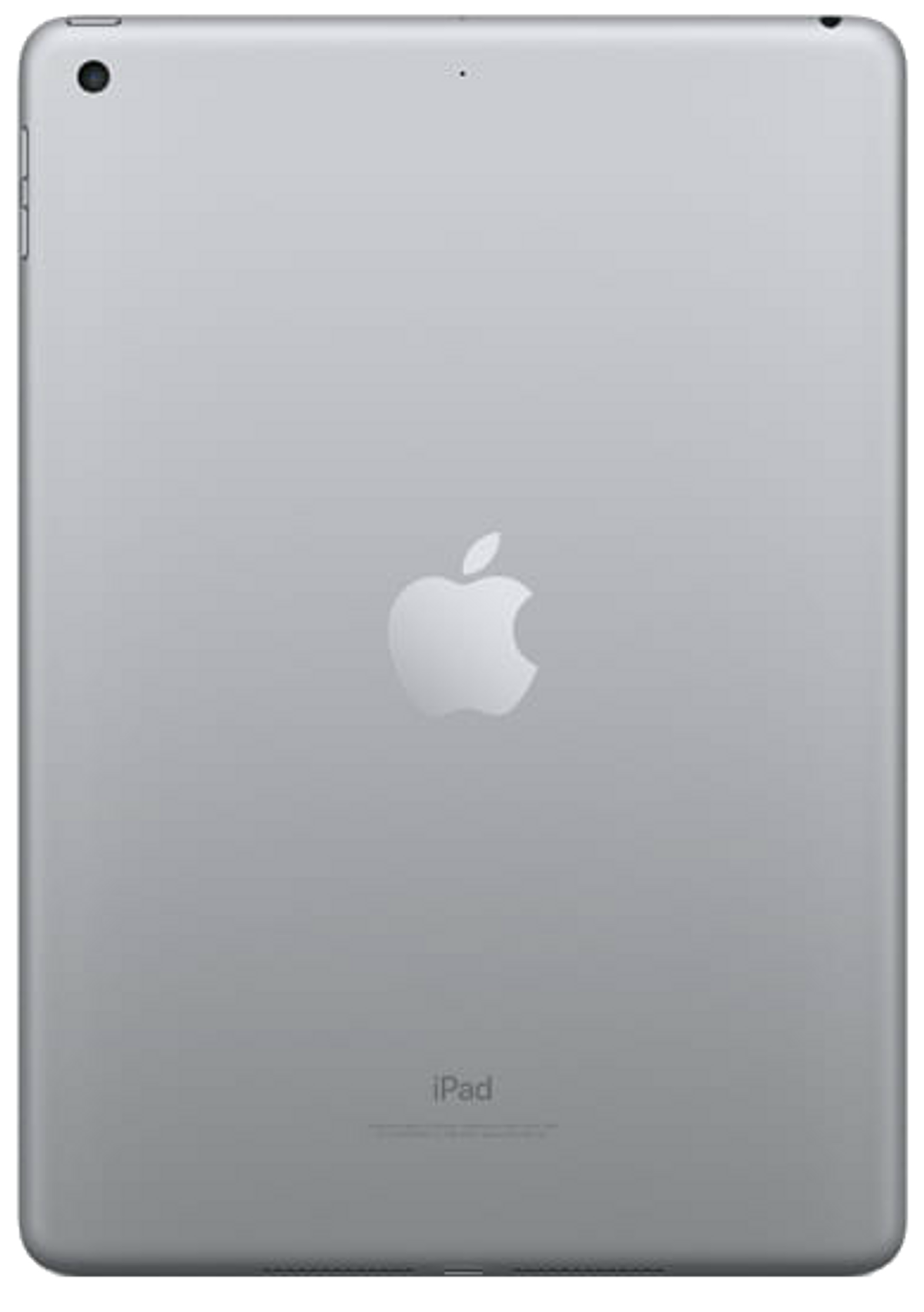 Rückseite eines silbernen iPads. Apple-Logo in der Mitte, iPad unten.