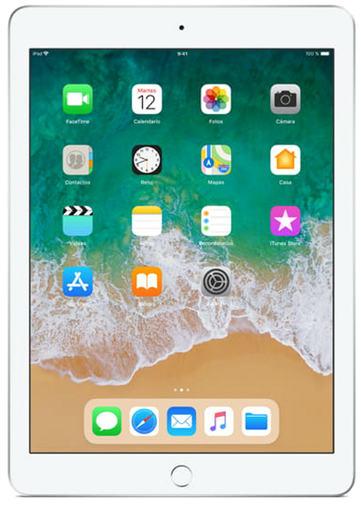 iPad blanco con iconos en pantalla. Fondo de pantalla de playa. Borde blanco.