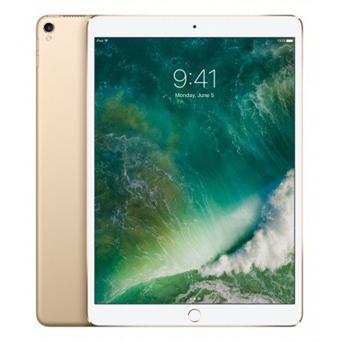 Un tablet dorato con uno schermo che mostra uno sfondo colorato e un altro lato.
