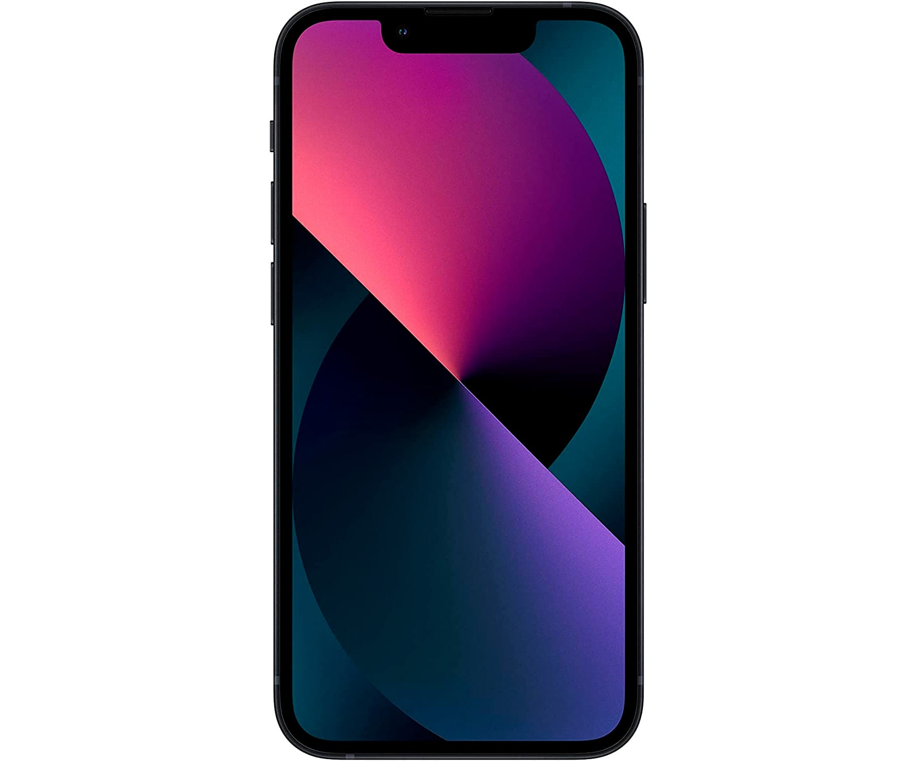 iPhone 13 z kolorową gradientową tapetą. Ekran wyświetla kolory różowy, fioletowy, turkusowy i czarny. Telefon jest czarny.