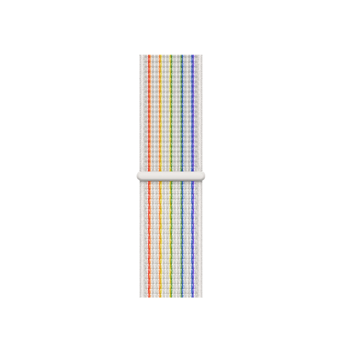Regenboog gestreepte horlogeband met een witte sluiting op een zwarte achtergrond. Verticale strepen in regenboogkleuren.