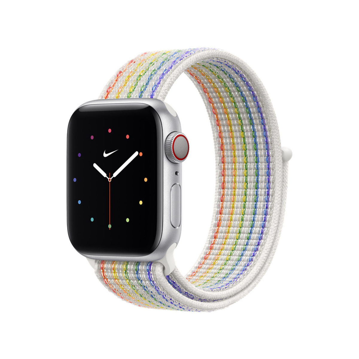 Apple Watch met regenboogkleurige band, zilveren kast en zwart scherm.