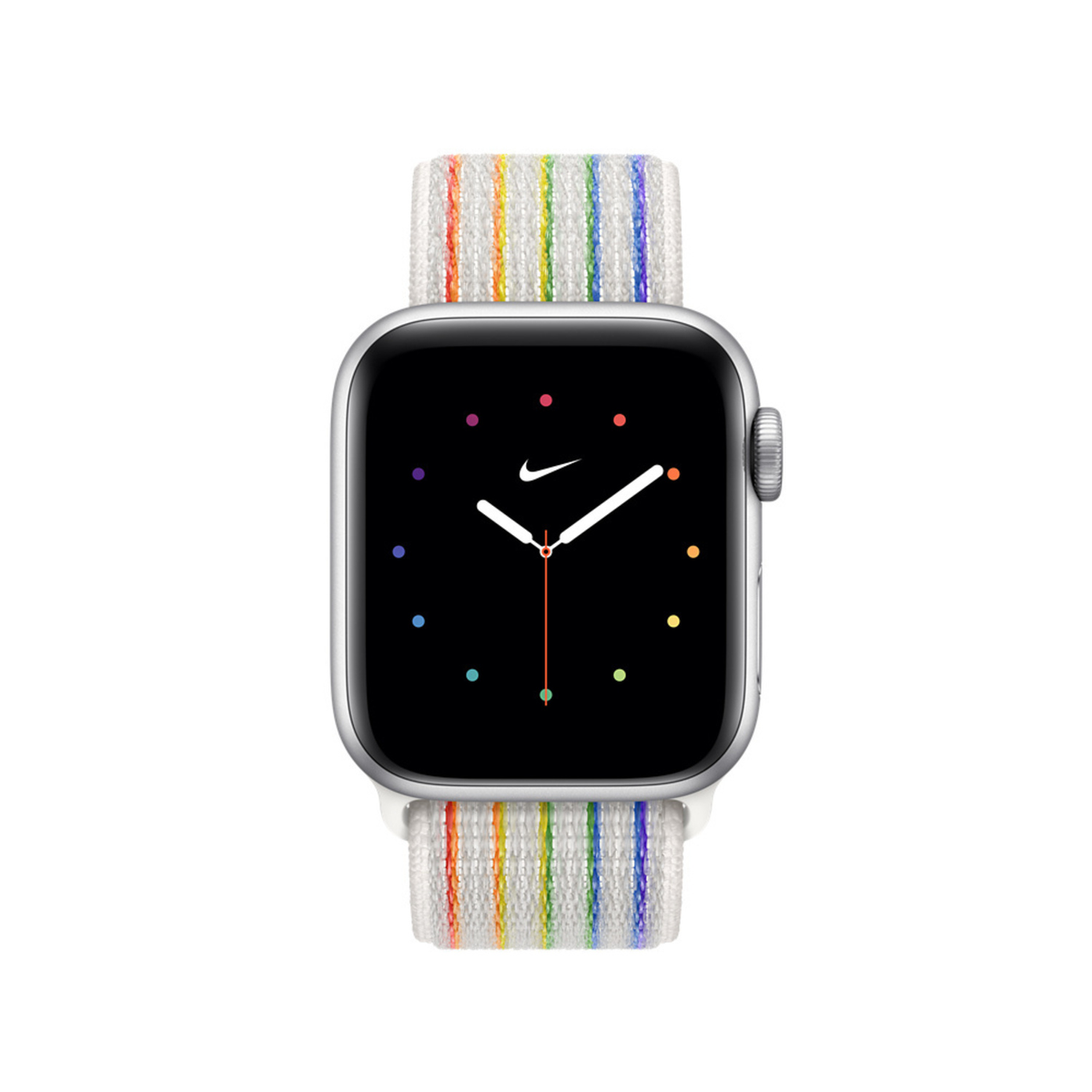 Apple Watch met een regenboogkleurige band. De wijzerplaat heeft een zwart scherm met witte wijzers.