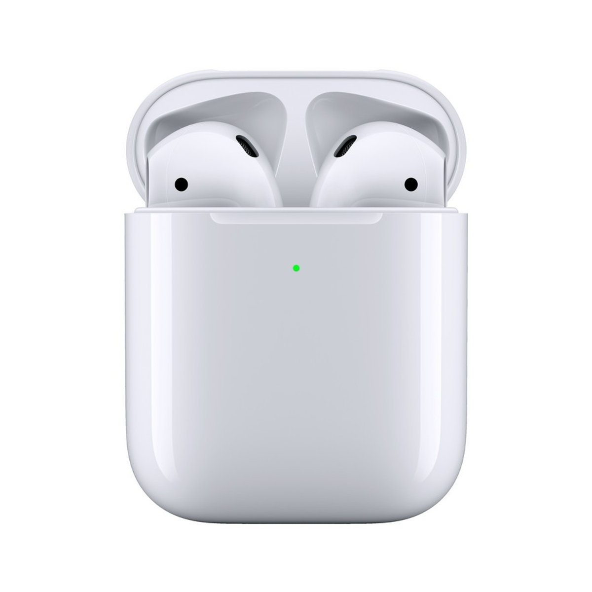Weiße AirPods, geöffnet in ihrem Ladecase, mit zwei sichtbaren Ohrhörern.