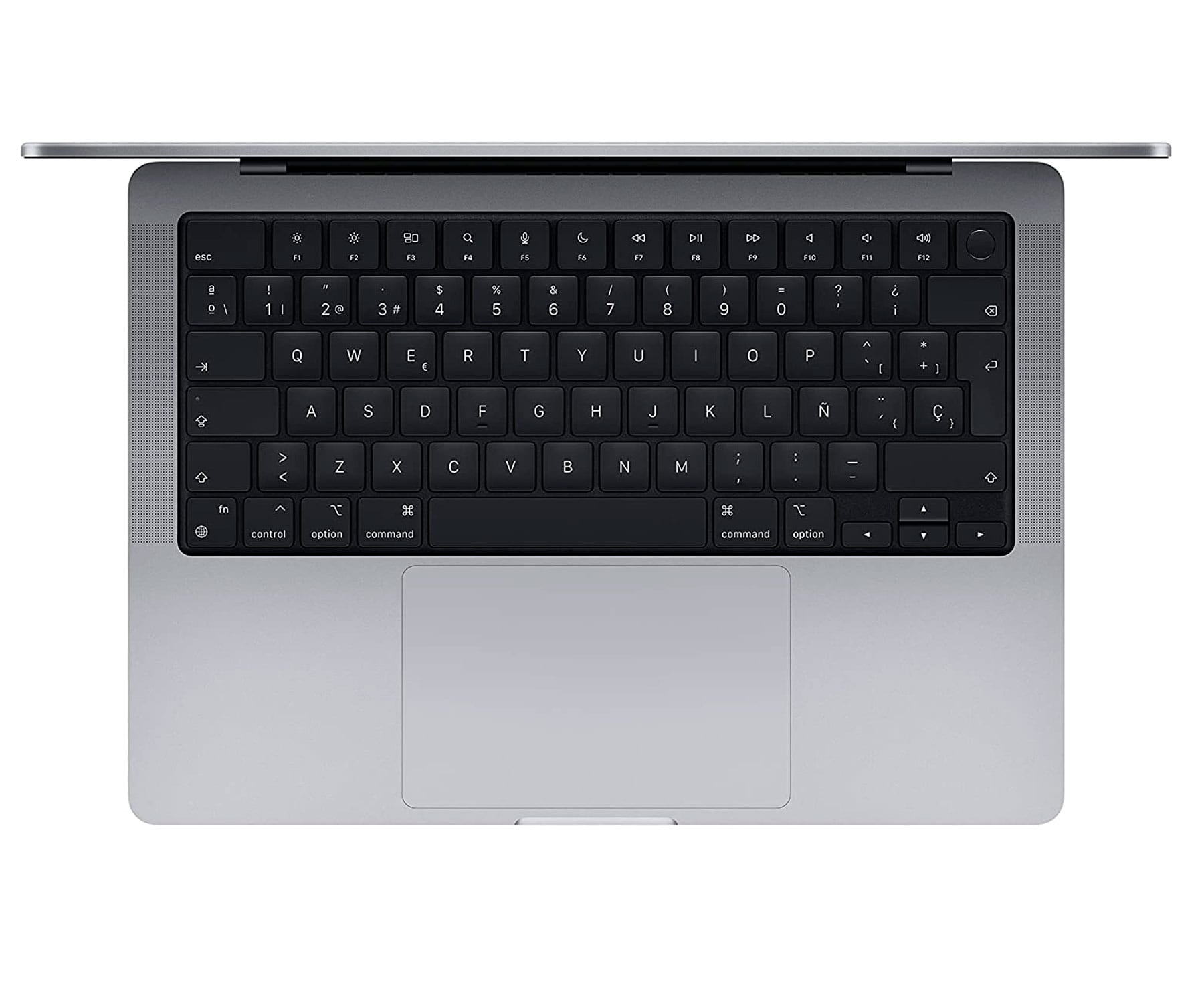 Draufsicht auf eine Laptop-Tastatur, silbernes Gehäuse, schwarze Tasten. Weißer Hintergrund.
