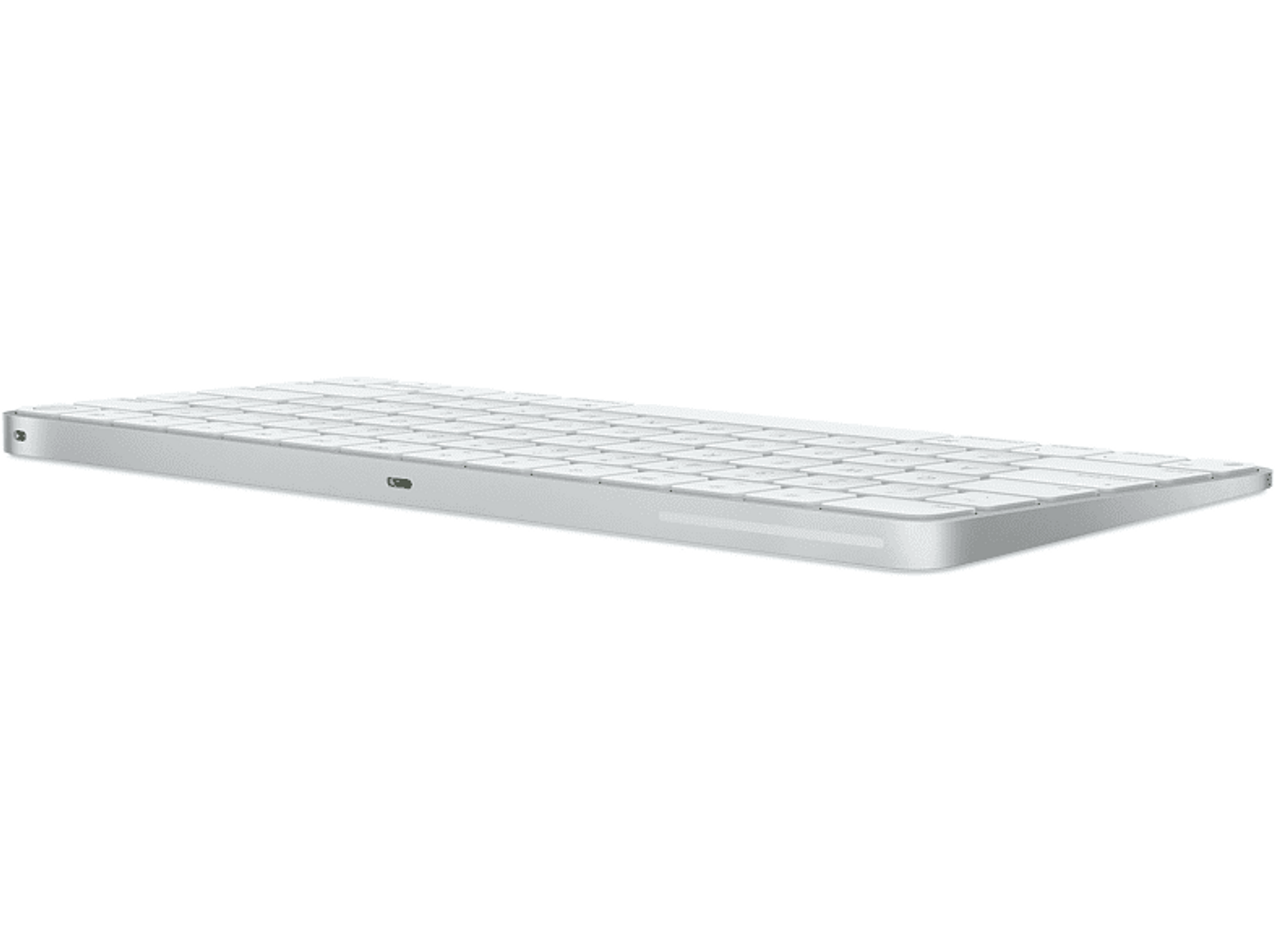 Teclado Magic Keyboard plateado de Apple, un teclado delgado y rectangular con puerto USB-C, en negro.