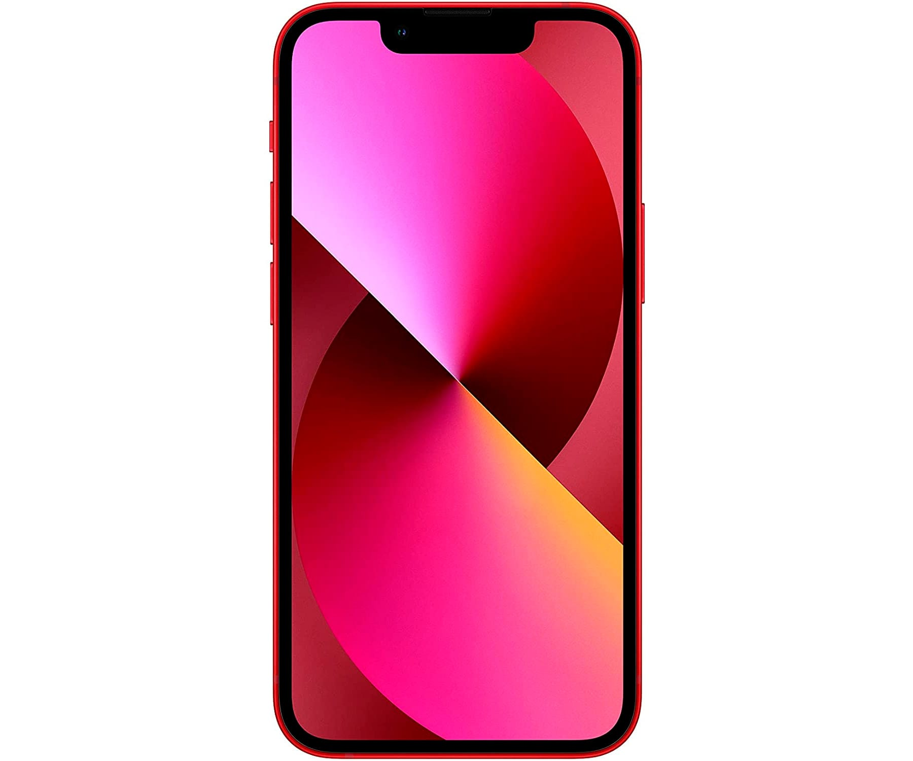 Czerwony iPhone z kolorowym ekranem pokazującym odcienie różu, czerwieni i żółci.