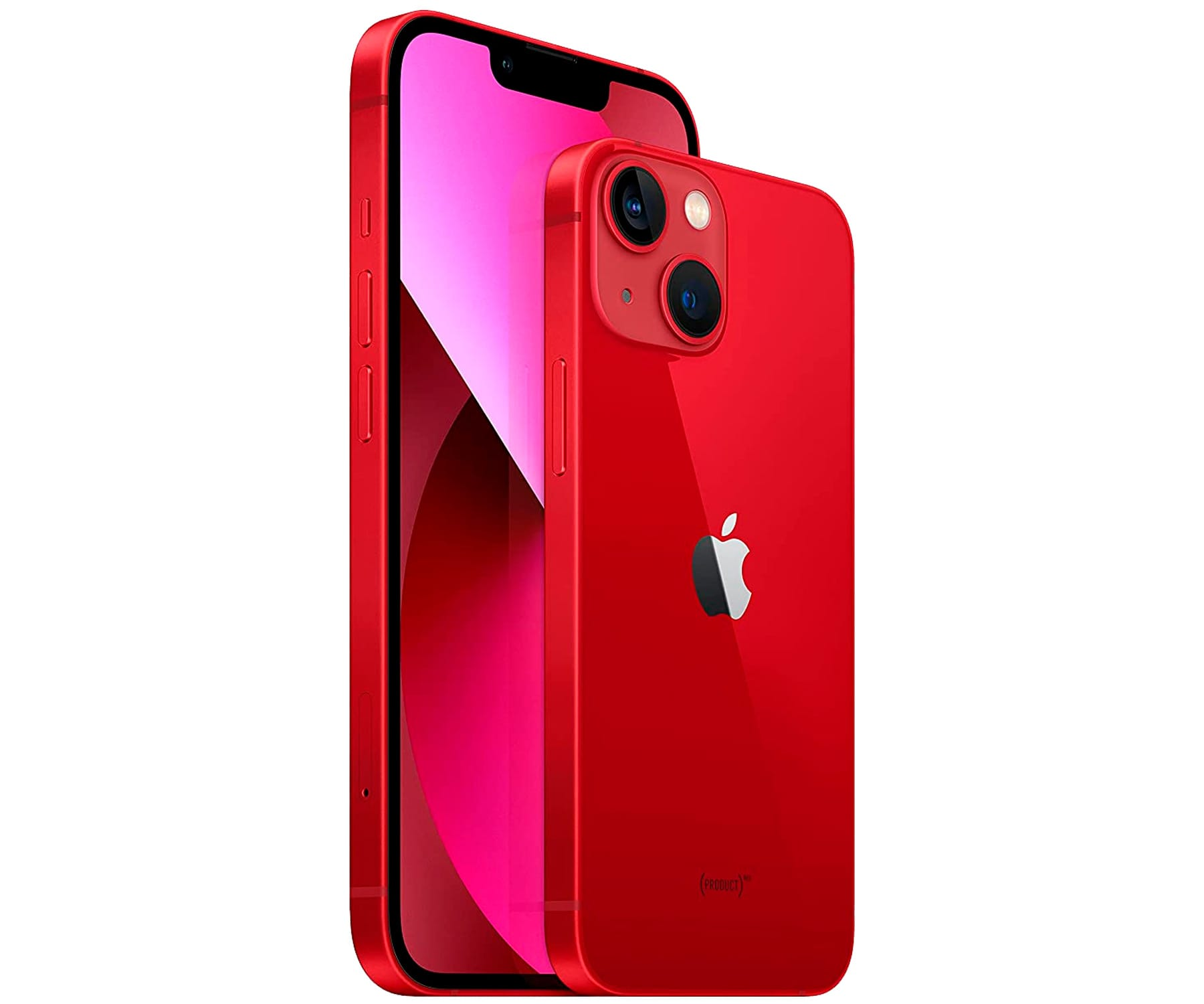 Czerwony telefon, pokazujący tył i stronę z ekranem. Białe tło.