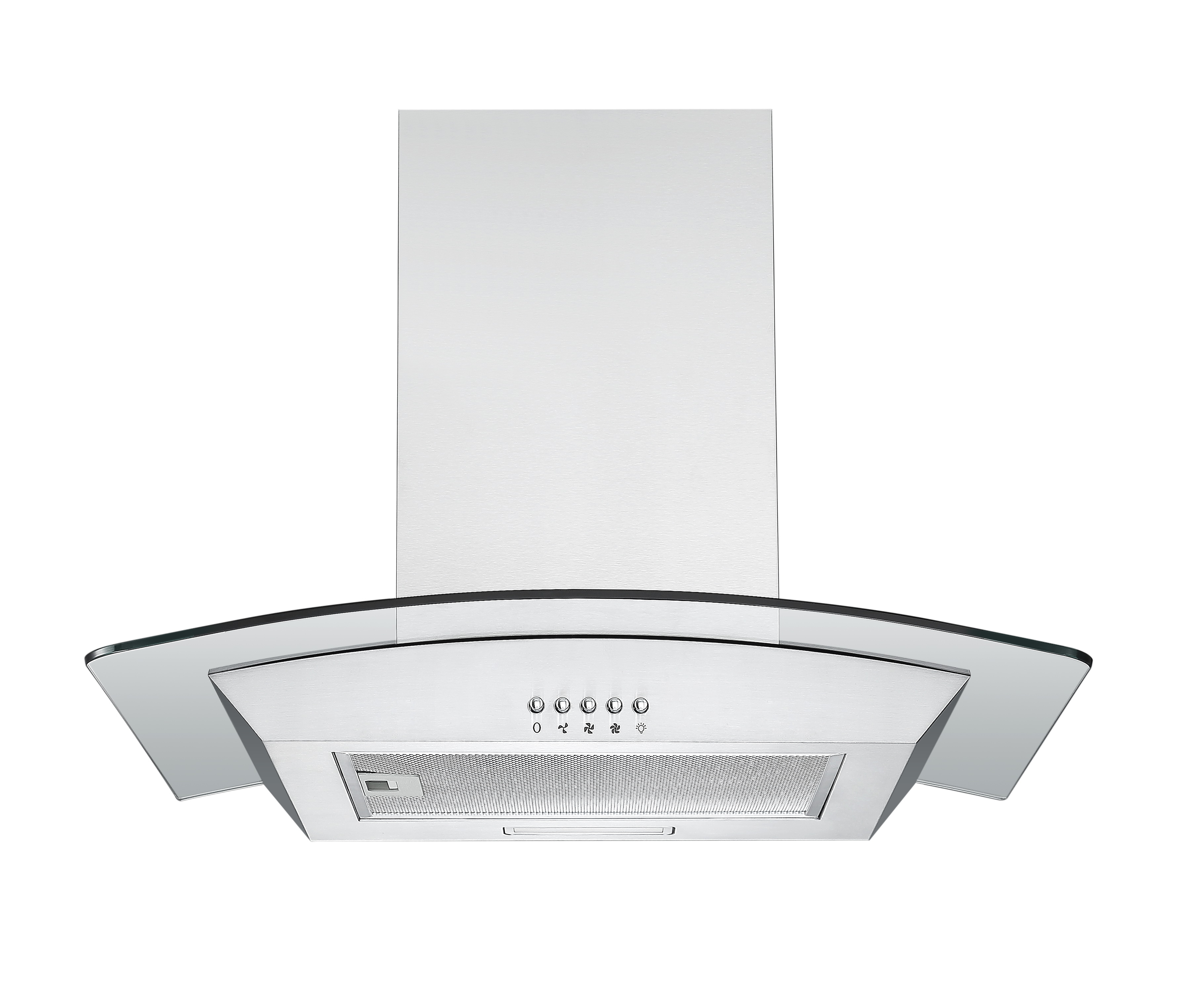 A white range hood with a glass front and controls, on a white background.